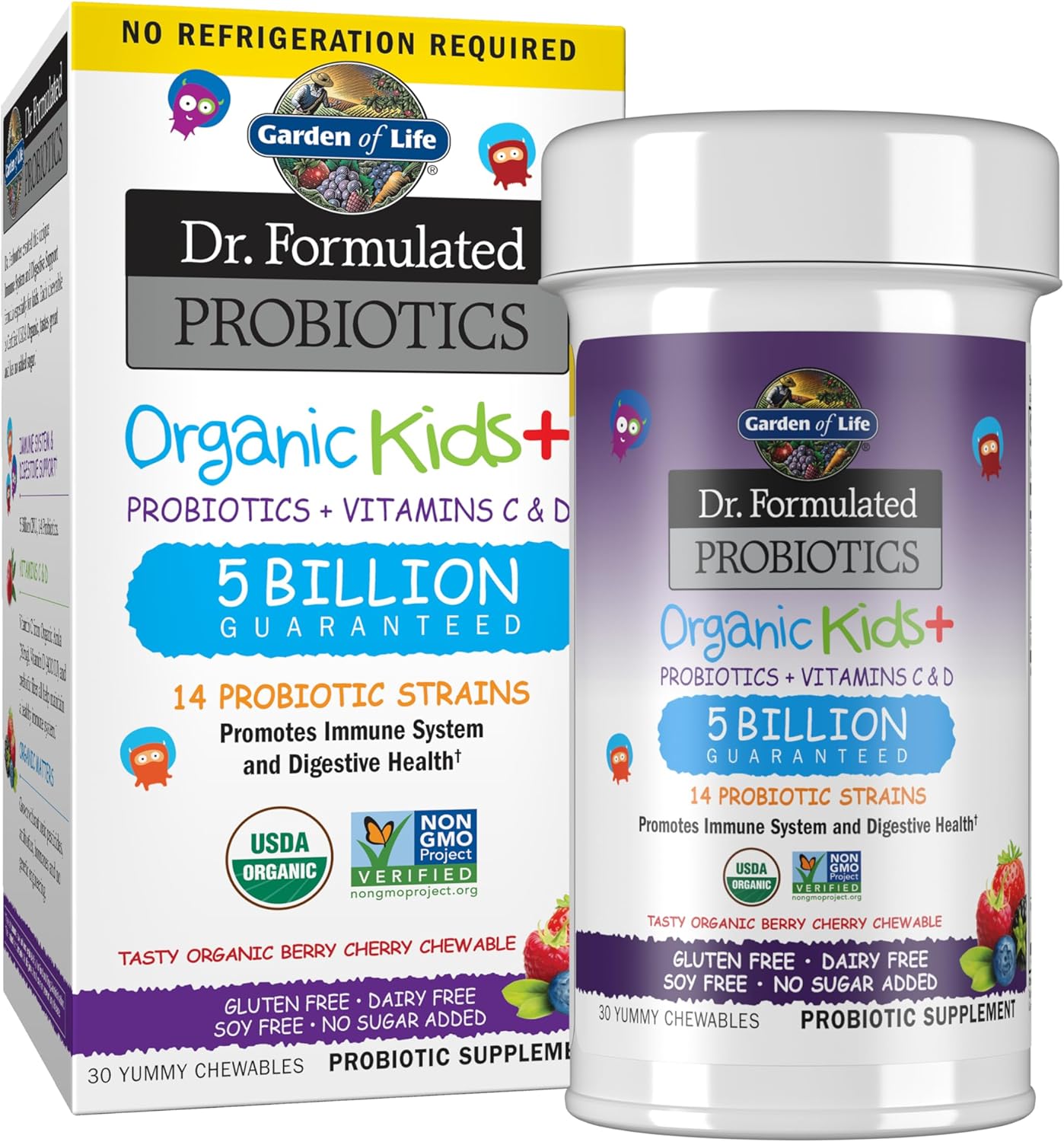 Garden of Life Dr. Formulated Probiotics Organic Kids+ Plus Vitamin C & D – Berry Cherry – Gluten, Dairy & Soy Free Immune & Digestive Health Supplement, No Added Sugar, 30 Chewables (Shelf Stable)