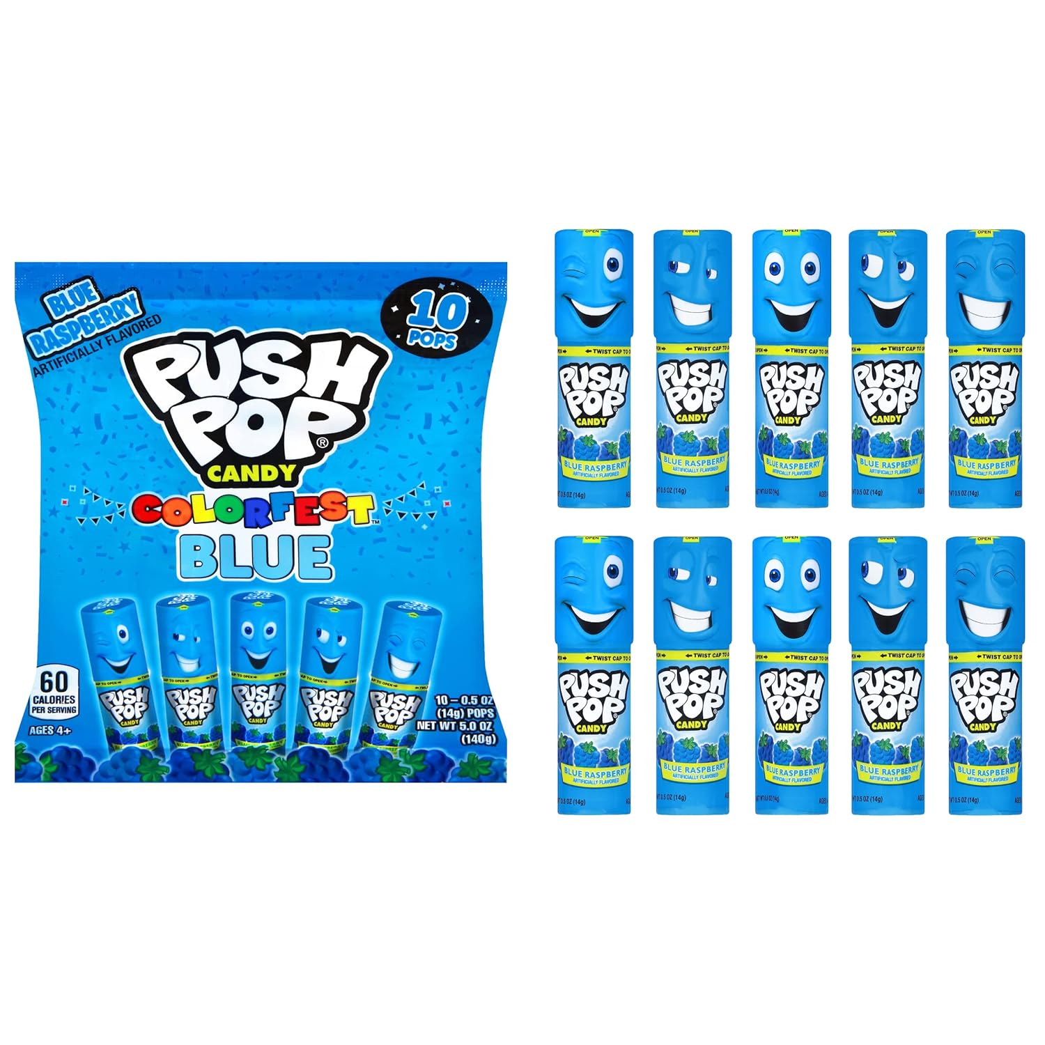 Push Pop Blue Colorfest Holiday Candy Lollipops – 10 Ct Bulk Candy Individually Wrapped in Blue Raspberry Flavor – Hard Candy Lollipops for Party Favors, Stocking Stuffers, Holiday Gifts for Kids