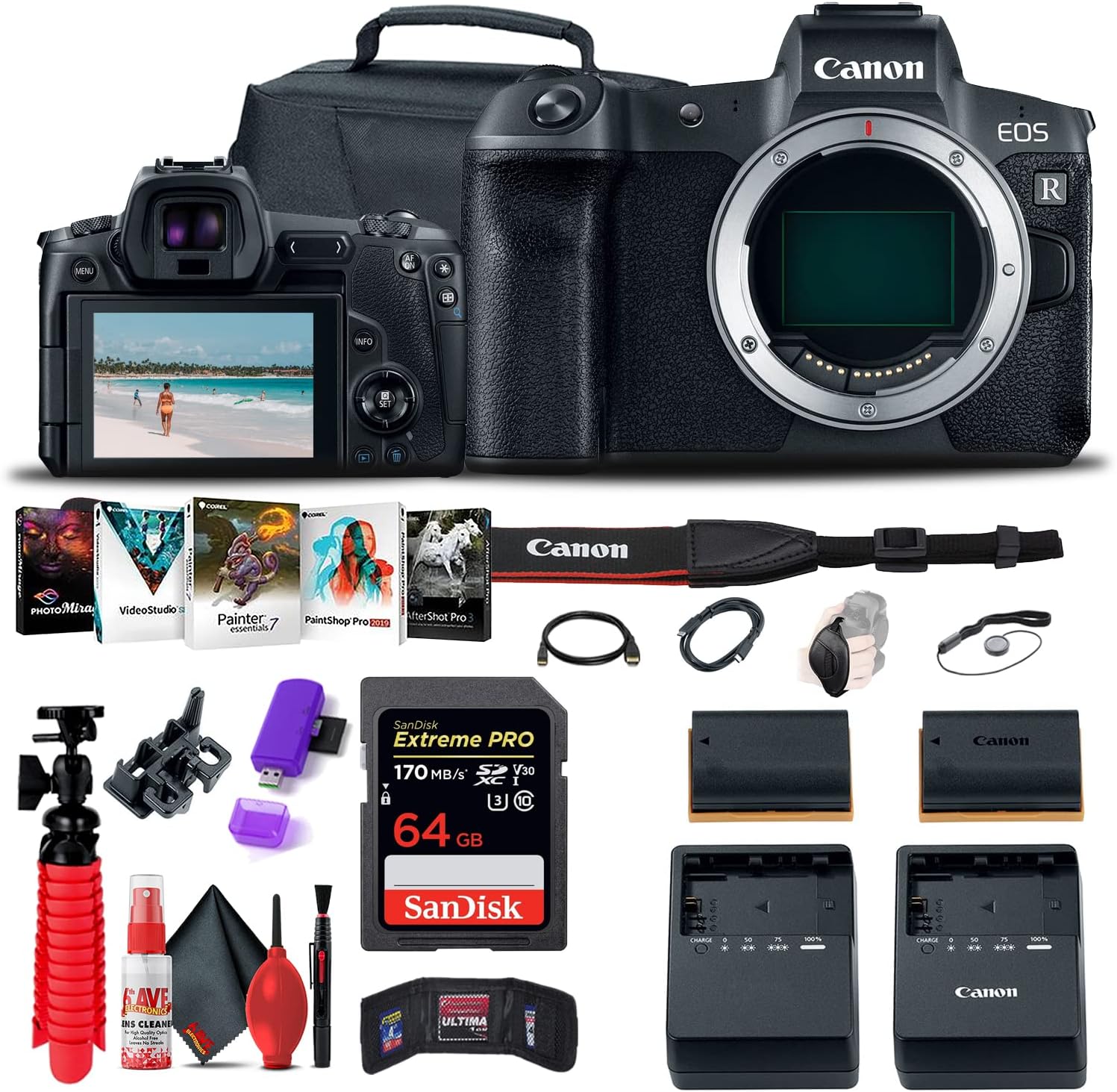 Canon EOS R Mirrorless Digital Camera (Body Only) (3075C002), 64GB Memory Card, Case, Corel Photo Software, LPE6 Battery, External Charger, Card Reader, Flex Tripod + More (Renewed)