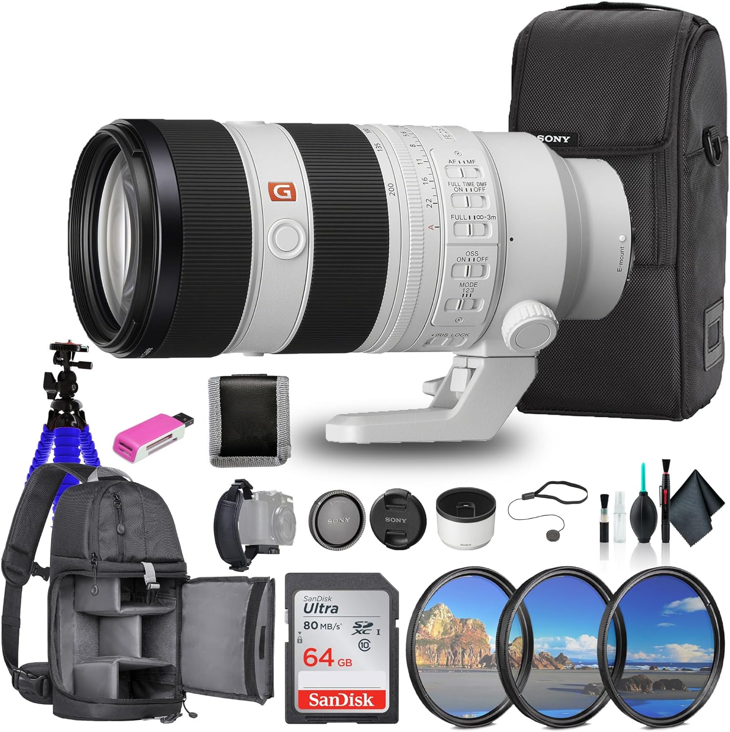 Sony FE 70-200mm f/2.8 GM OSS II Lens SEL70200GM2, 64GB Memory Card, Filter Kit, Backpack, Card Reader, Flex Tripod, Memory Card Wallet, Cap Keeper, Cleaning Kit, Hand Strap