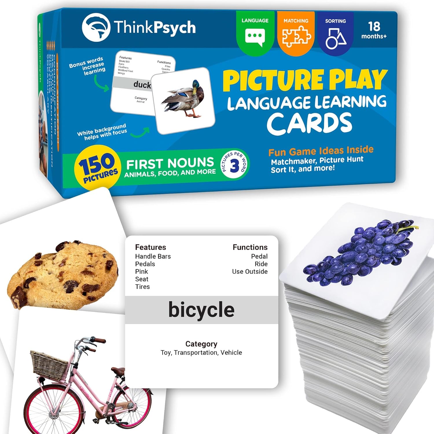 ThinkPsych First Nouns Picture Play Cards | Award Winning | 150 Picture Cards for Speech Development | Autism and Speech Therapy Materials | Best Flash Cards for Toddlers and Homeschool