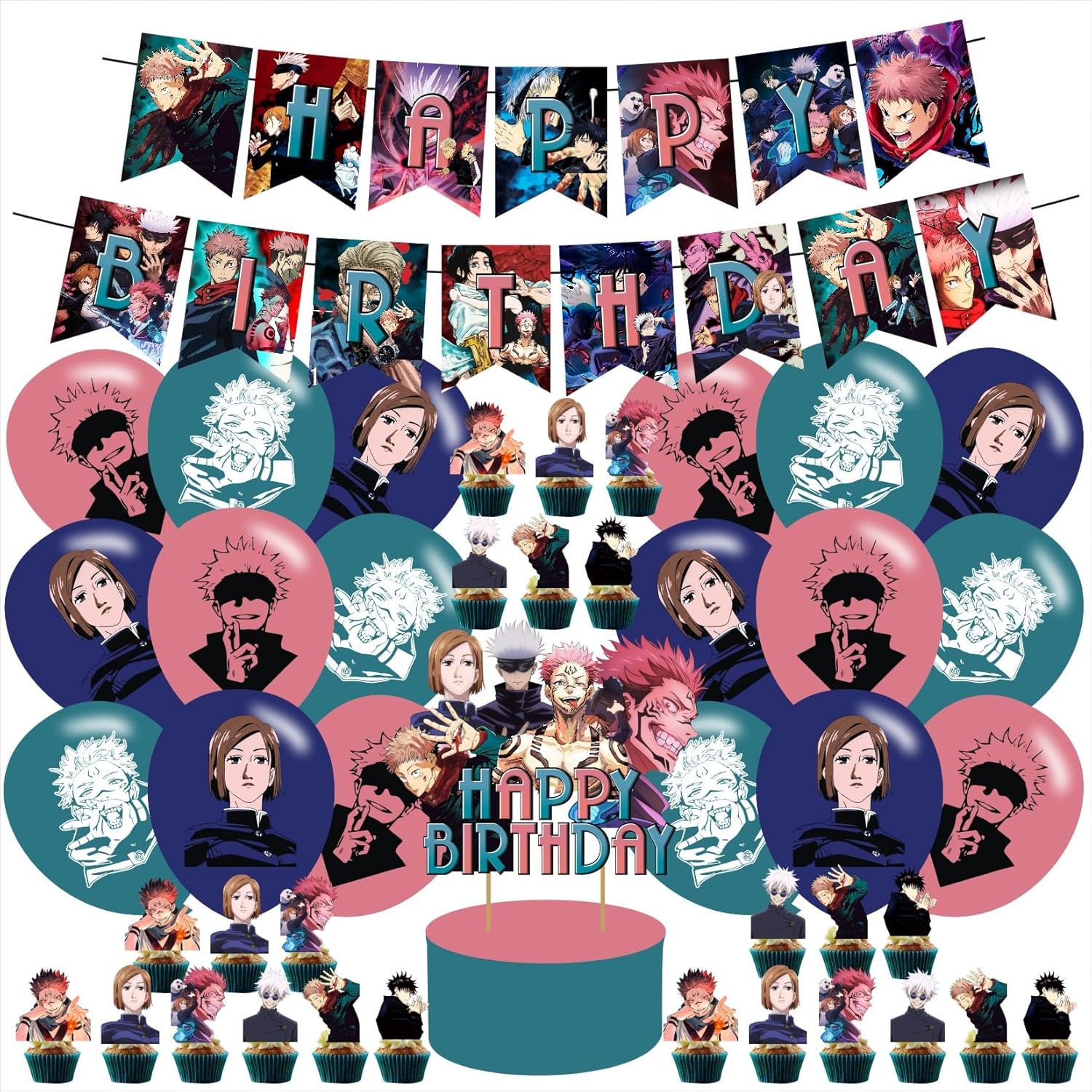 Jujutsu Manga Kaisen Party Supplies ,Jujutsu Birthday Party Decoration Anime Includes Cake Toppers,Cupcake Toppers, Balloons,Banner Party Supplies Decoration For Adults Boys Girls Teens