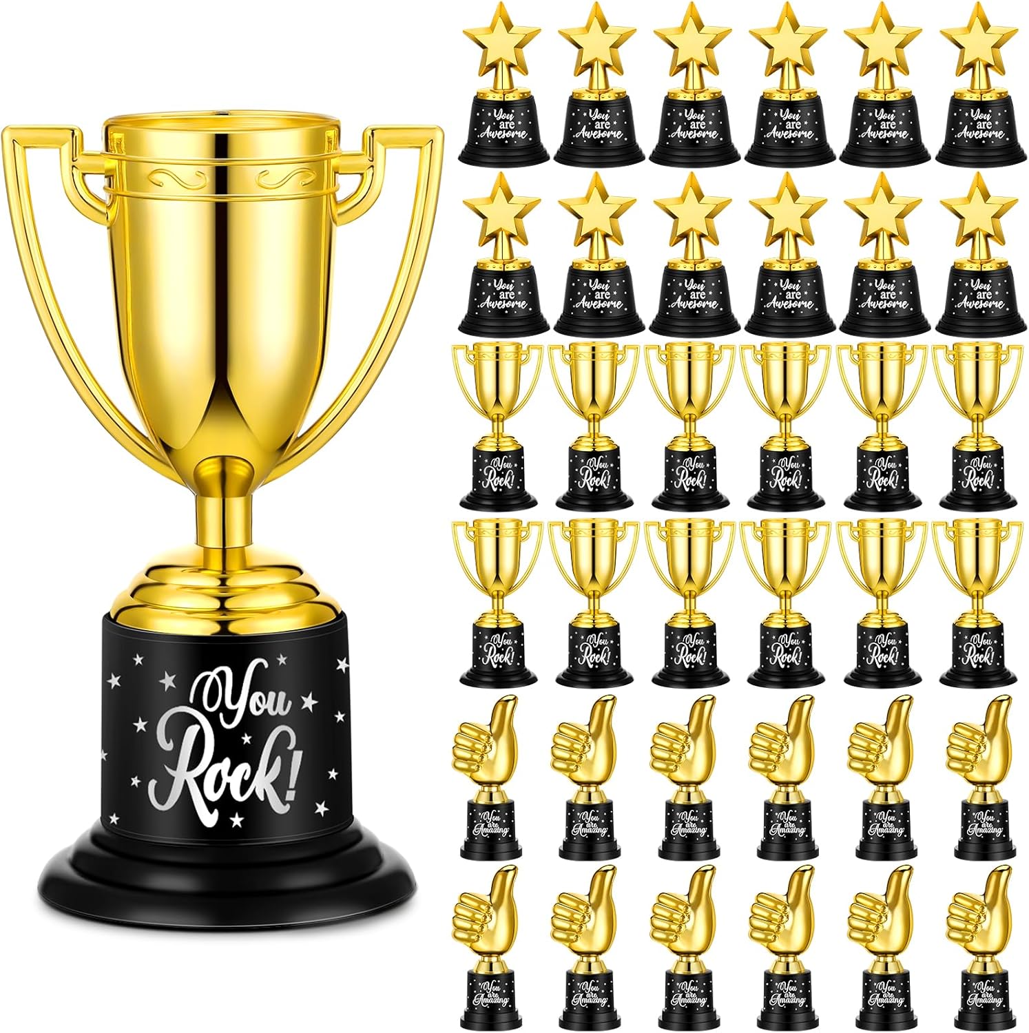 36 Pack Gold Trophy Award Bulk Star Thumbs up Trophy Awards for Kids Staff Employee Plastic Mini Golden Trophy Cups for Classroom School Sports Soccer Football Game Winning Prize Party, 3 Styles