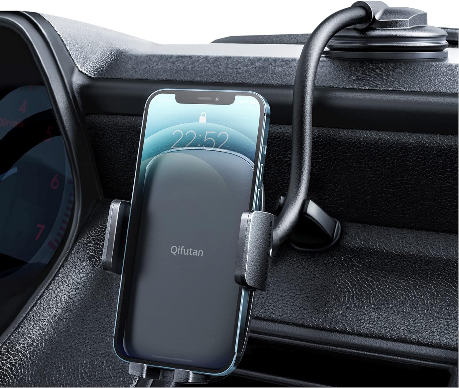 Qifutan Cell Phone Holder for Car Phone Mount Long Arm Dashboard Windshield Car Phone Holder Anti-Shake Stabilizer Phone Car Holder Compatible with All Phone Android Smartphone, Black