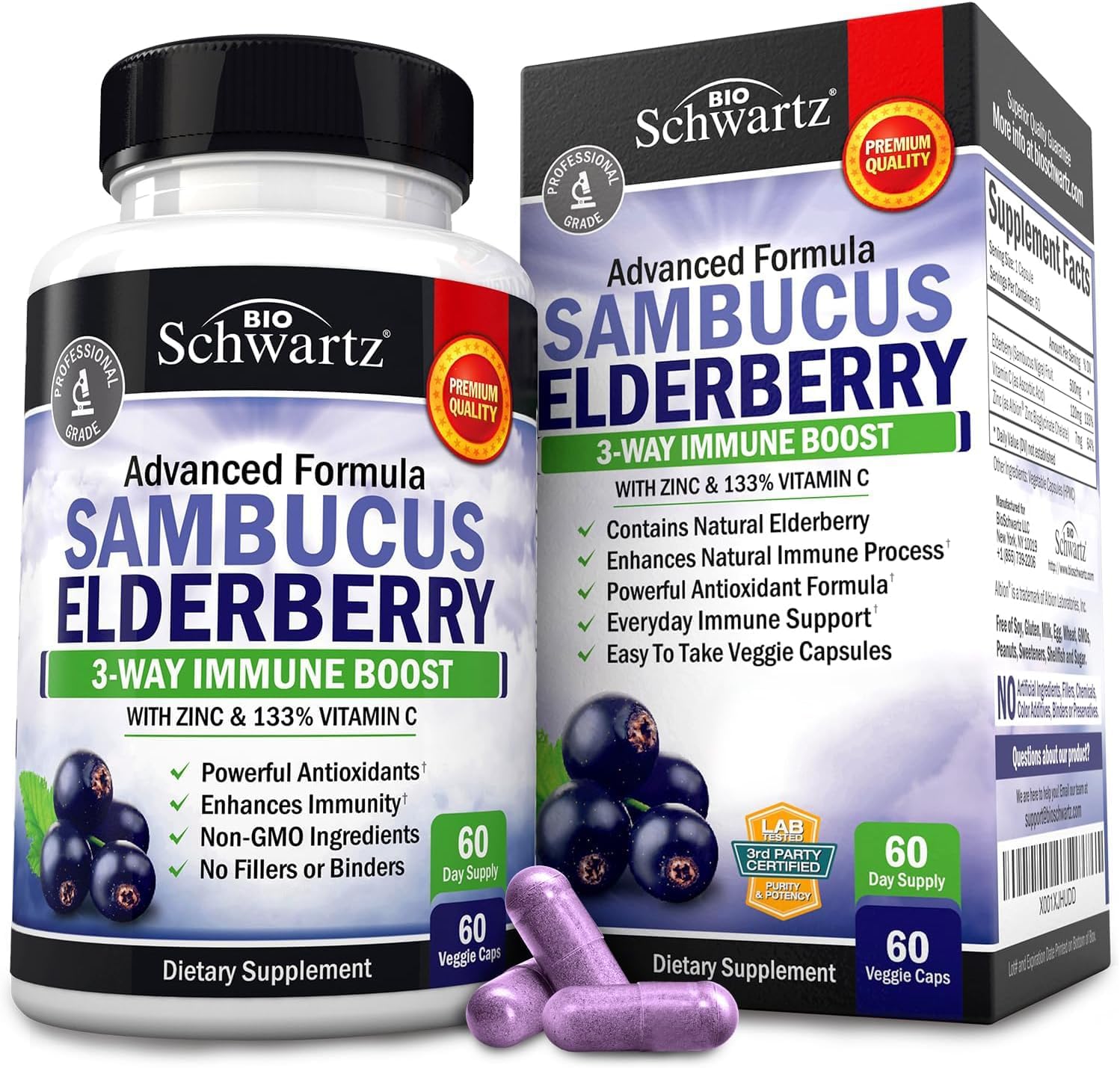 Elderberry with Zinc and Vitamin C for Adults – Immune Support Vitamins for Women and Men Natural Elderberries Black Sambucus Capsules – Immune Defense Multiminerals Supplement, Gluten-Free, 60 Ct