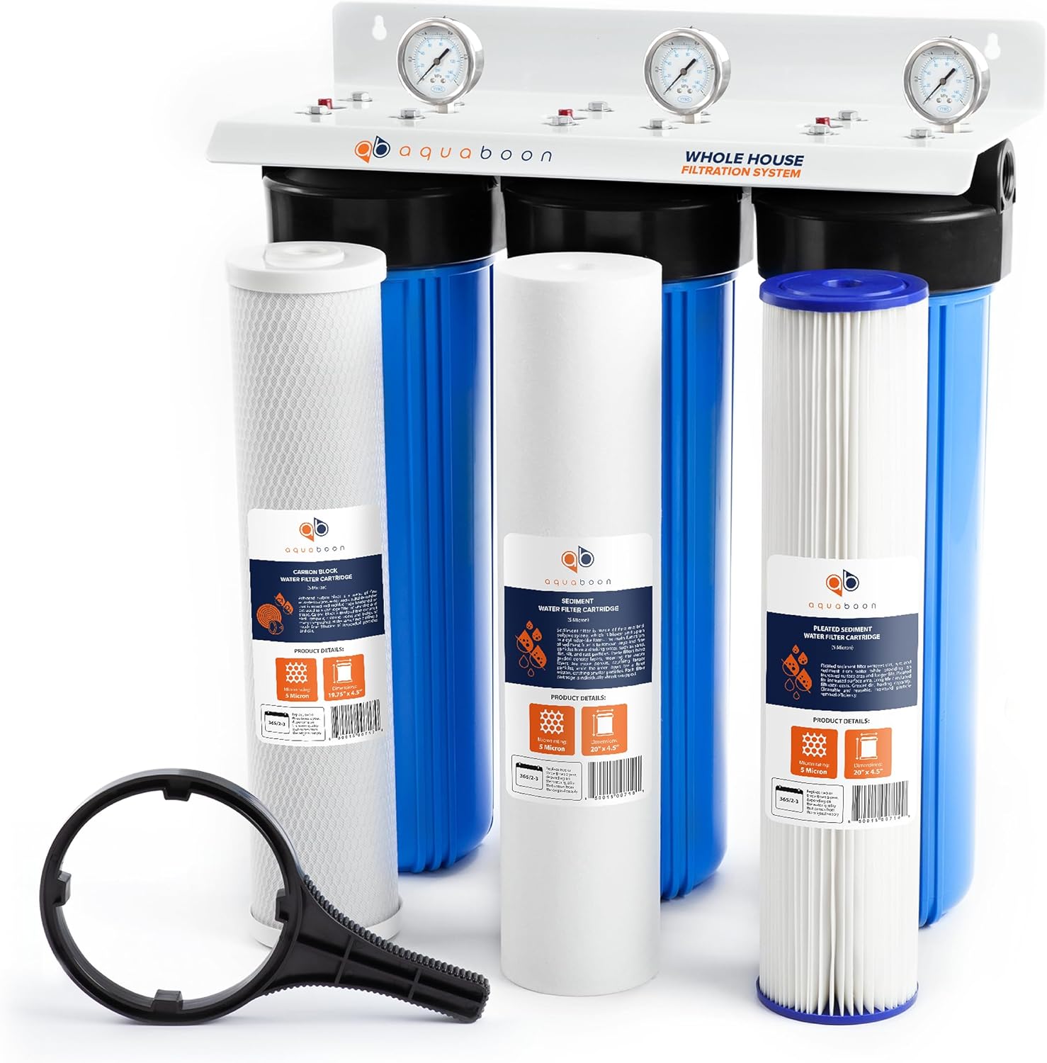 3-Stage Whole House Water Filter System 20 x 4,5 inch with Wrench, Bracket, Gauge & Release Buttons | Sediment, CTO, Pleated Water Filters Included