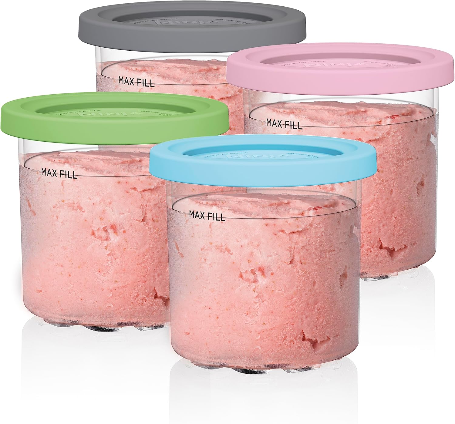 Ninja Creami Pints , Compatible with NC299AMZ & NC300s Series Creami Ice Cream Makers, Genuine Ninja Pint, BPA-Free & Dishwasher Safe, Color Lids, Clear/Grey/Lime/Pink/Aqua (4 count pack1)