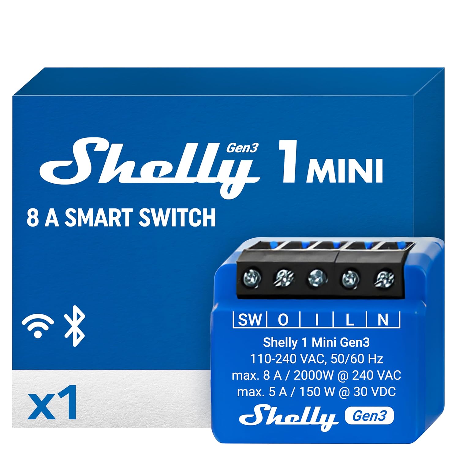 Shelly 1 Mini Gen3 | WiFi & Bluetooth Smart Switch Relay 1 Channel 8A | Home Automation | Compatible with Alexa & Google Home | iOS Android App | No Hub Required | Dry Contacts