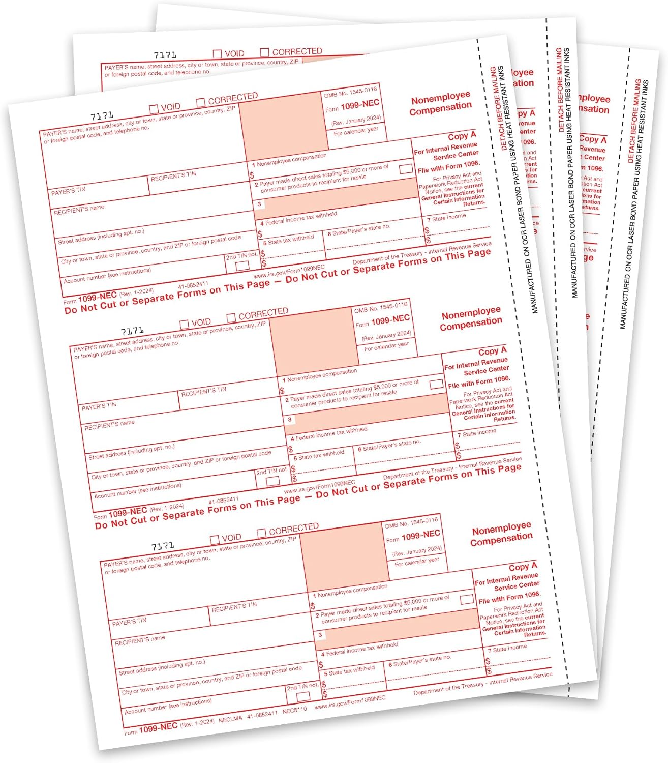 Blue Summit Supplies 1099 NEC Copy A Forms, 2024, 50 Pack, New Tax Forms for Reporting Nonemployee Compensation for Independent Contractors, Copy A ONLY, 50 Pack (17 Sheets, 3 Forms Per Sheet)