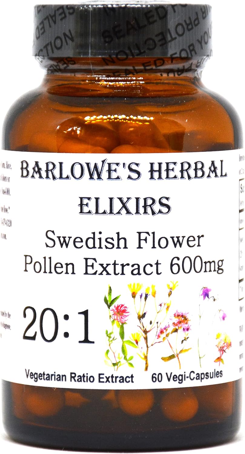 Barlowe’s Herbal Elixirs Swedish Flower Pollen Extract Supplement – 20:1 Extract – 600mg – 60 Veggie Capusles – Bottled in Glass