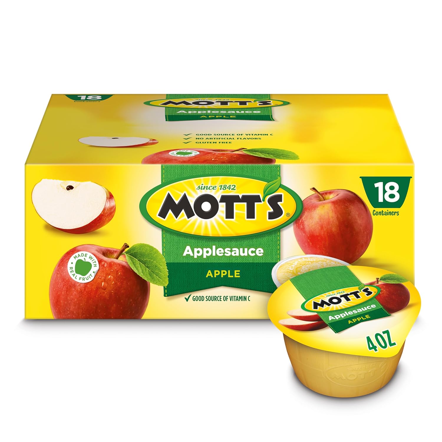 Mott’s Applesauce, 4 Oz Cups, 18 Count, No Artificial Flavors, Good Source Of Vitamin C, Nutritious Option For The Whole Family