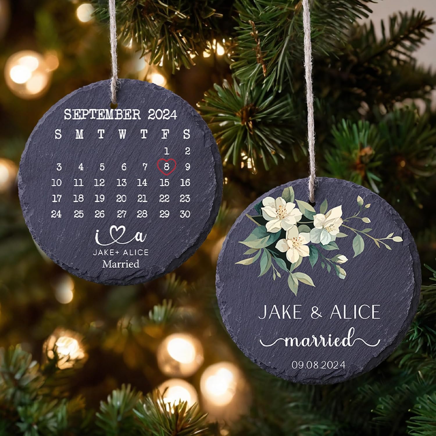 Our First Christmas Married Calendar Ornament Dated Engagement Wedding Bridal Shower Keepsake Ideas Gifts for Newlywed Just Marry Couple Wife Husband 1st Xmas Tree Holiday Decoration