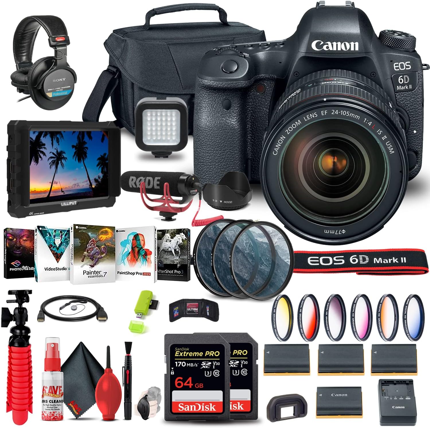 Canon EOS 6D Mark II DSLR Camera with 24-105mm f/4L II Lens (1897C009) + 4K Monitor + Pro Mic + Pro Headphones + 2 x 64GB Memory Card + Color Filter Kit + Case + Filter Kit + More (Renewed)