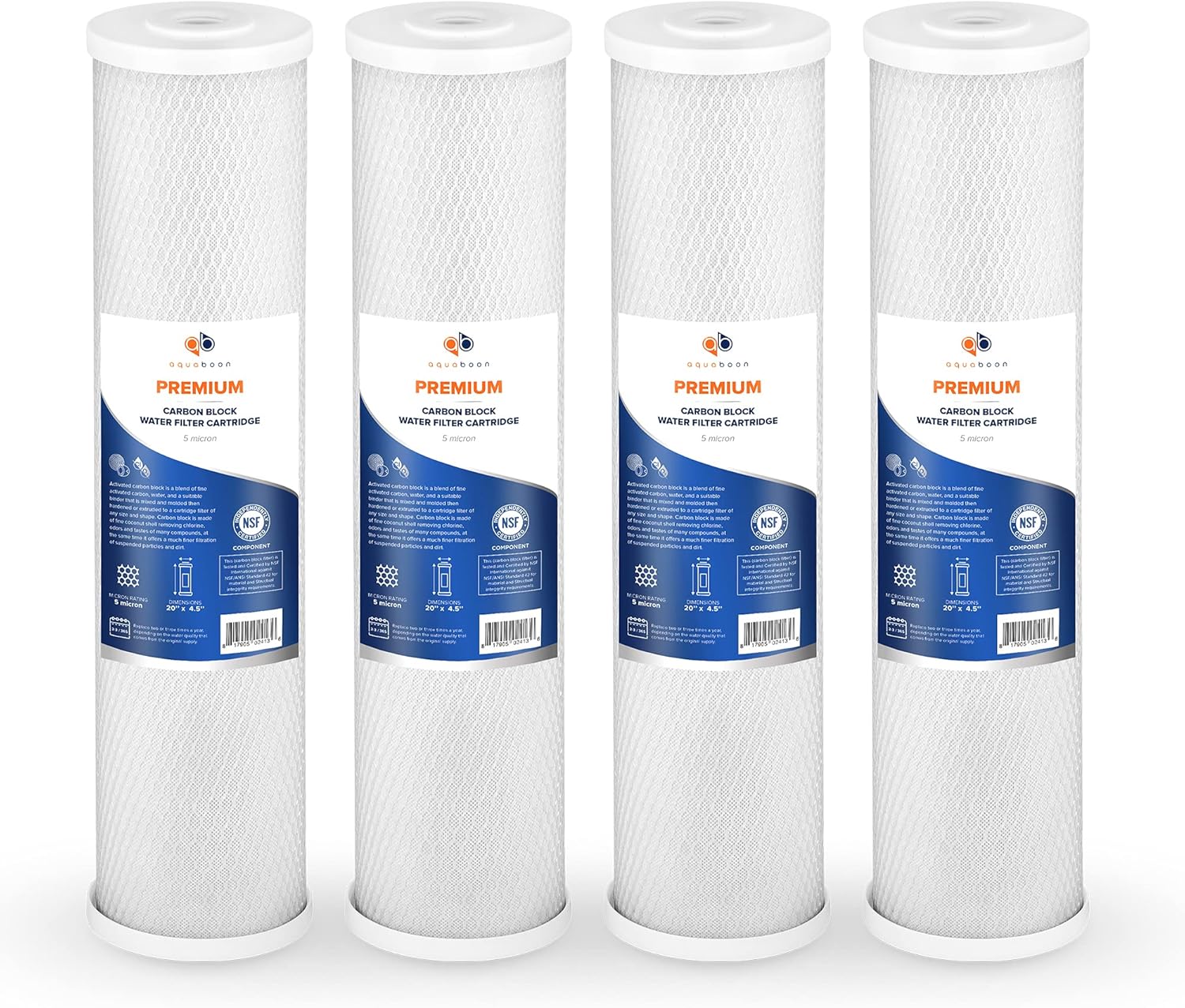 Aquaboon 5 Micron 20 x 4.5 Premium CTO Activated Carbon Water Filter Cartridge Replacement for Whole House Compatible with FC25B, EP-20BB, 4-PACK