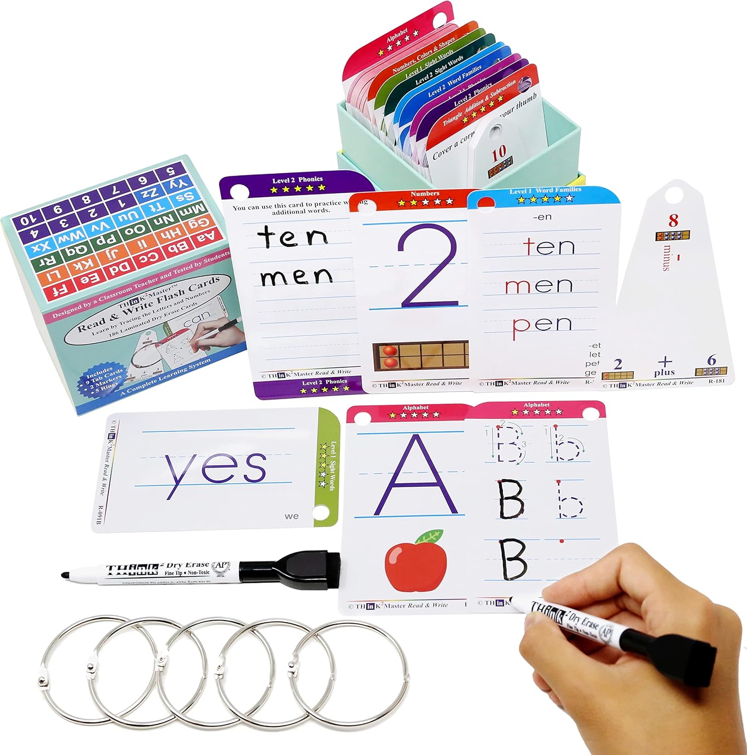 THINK2MASTER Premium 186 Laminated Alphabet, Sight Words & Phonics Flash Cards for Pre K & Kindergarten. (Bonus: 2 Dry Erase Markers, 5 Rings). Learn to Read, Write, Count, Add & Subtract Numbers.