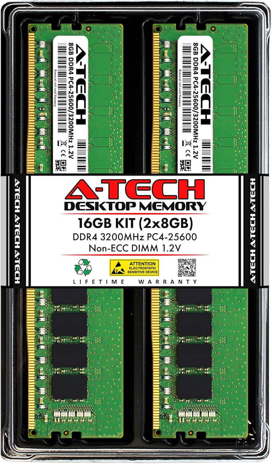 A-Tech 16GB (2x8GB) DDR4 3200 MHz UDIMM PC4-25600 (PC4-3200AA) CL22 DIMM Non-ECC Desktop RAM Memory Modules