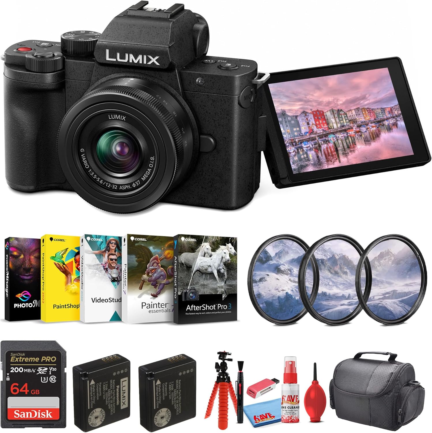 Panasonic Lumix G100 4K Mirrorless Camera with 12-32mm Lens for Photo and Video Vlogging (DC-G100KK) + Filter Kit + 64GB Card + Extra Battery + Corel Photo Software + Card Reader + Bag + More