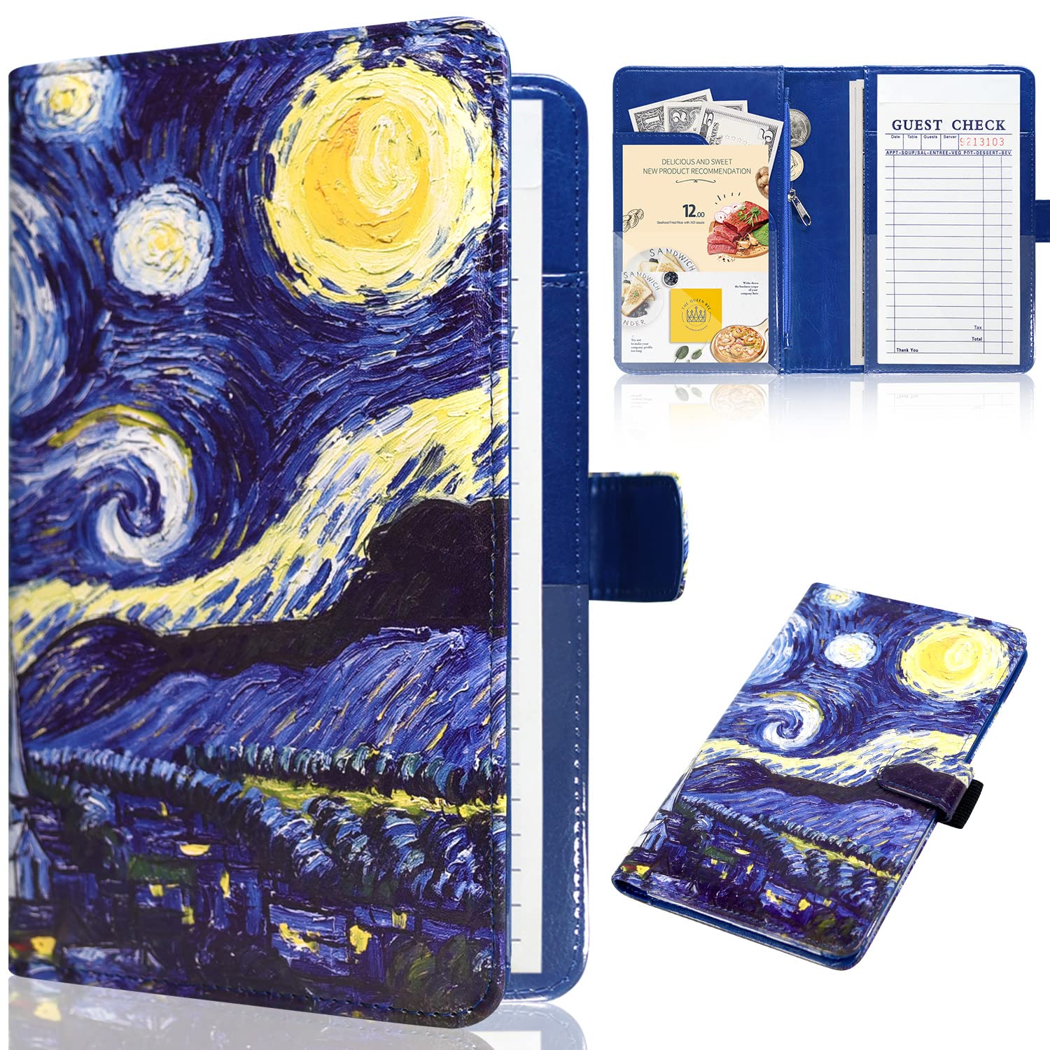 Server Book for Waitress-Leather Waitress Book Organizer with Zipper Pocket Cute Waiter Book Server Wallet with Magnetic Closure, Starry Night