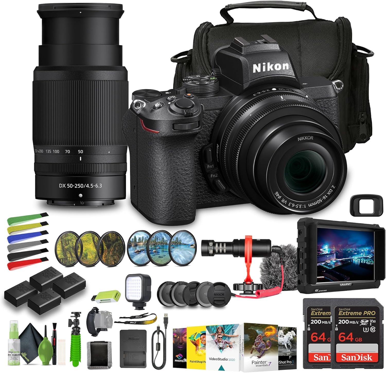 Nikon Z50 Compact Lightweight Mirrorless Camera with 16-50mm and 50-250mm Lenses + 3X ENEL25 Replacement Battery + 2X Extreme PRO 64GB Card + Photo Editing Software + Mic + External Monitor + More