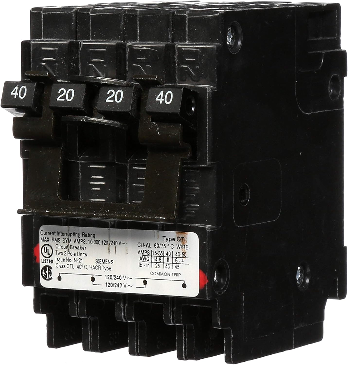 Siemens Q24020CT2 One 20-Amp One 40-Amp Double Pole Circuit Breaker