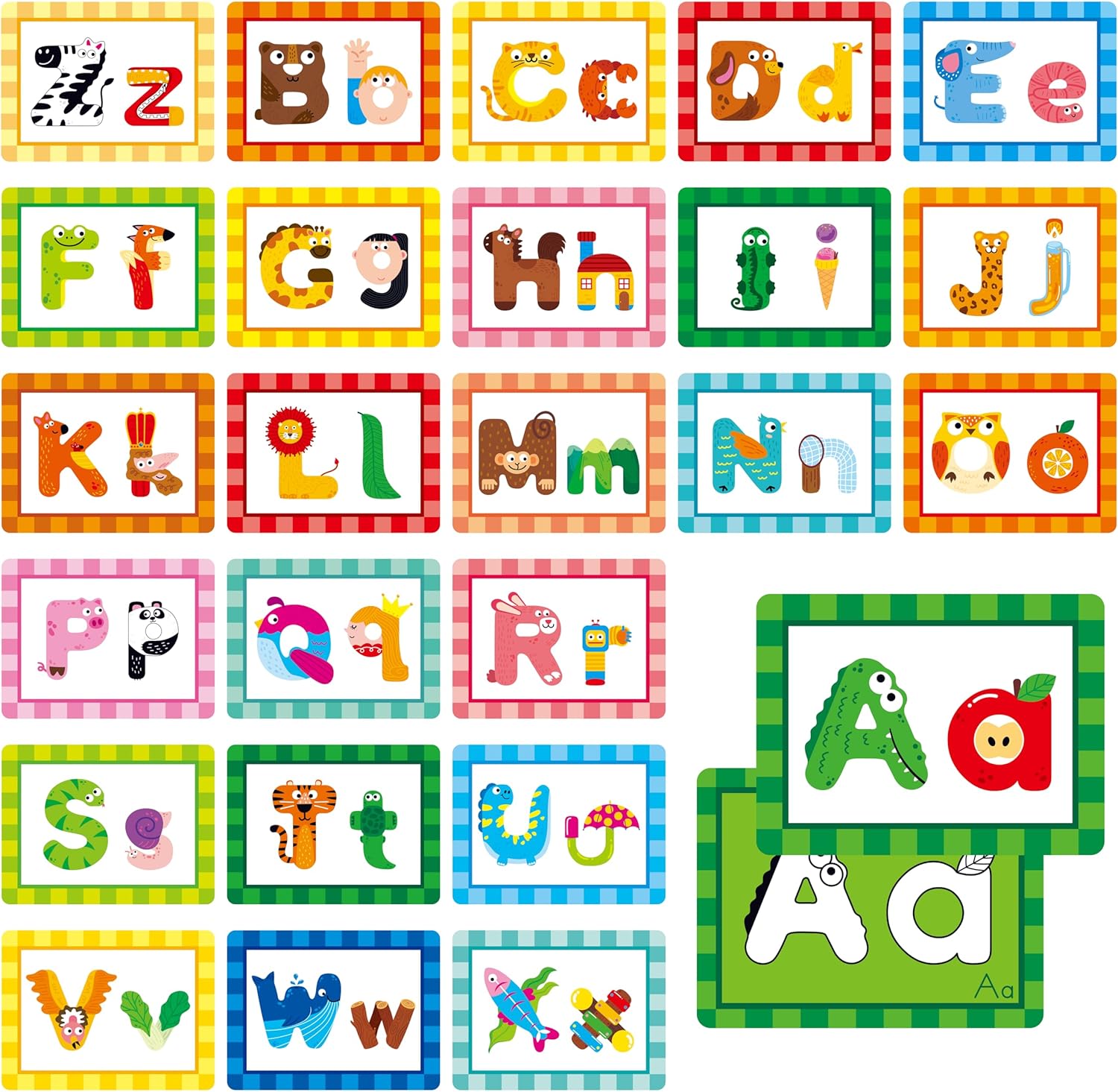 Alphabet Picture Mnemonic Cards, 26 Uppercase & Lowercase Letter Learning Cards for Kids Letter Cognition, ABC Montessori Early Learning Tool for Toddlers, Classroom & Home Activity