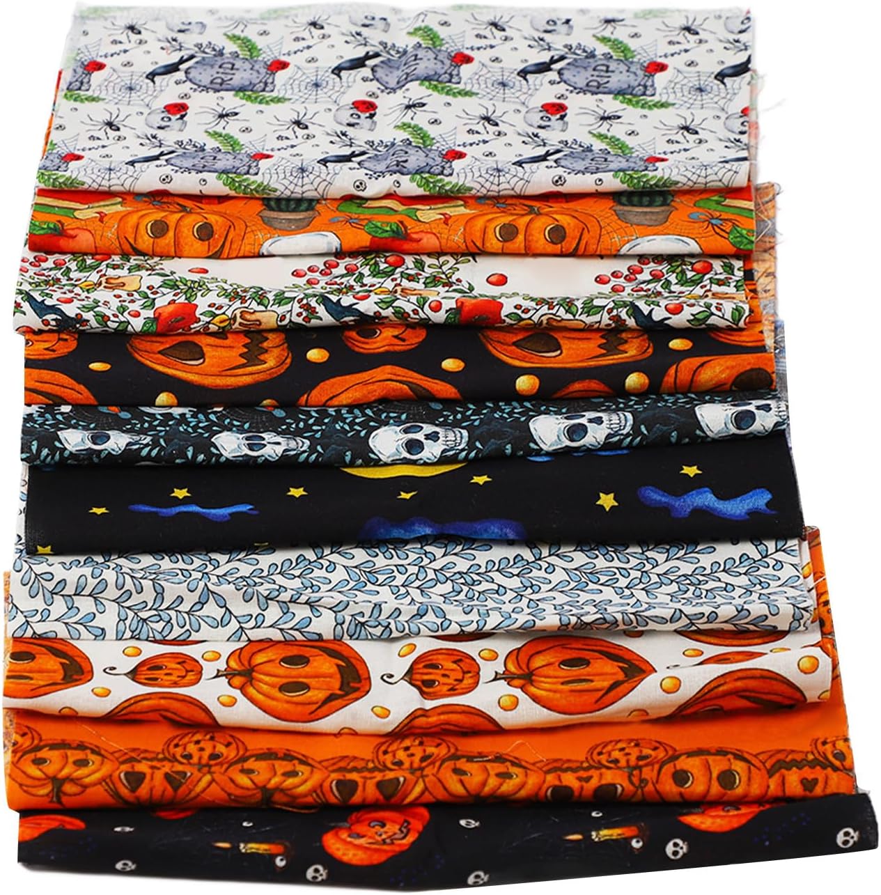 10Pcs Halloween Cotton Fabric, Ghost Pumpkin Skull Print Pattern DIY Cotton Fabric Bundles Quilting Patchwork Cotton Craft Fabric Pre Cut Sheets for DIY Patchwork Sewing