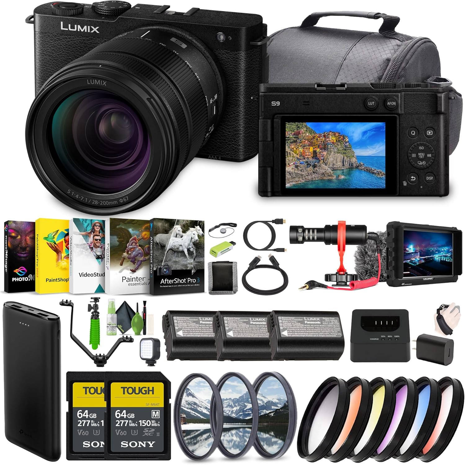 Panasonic LUMIX S9 Mirrorless Full Frame Camera with 28-200mm L Mount Lens – Black -Bundle with 2X 64GB Memory Card + Lilliput 7″ Full HD Monitor + Video LED Light + Rode Microphone and More