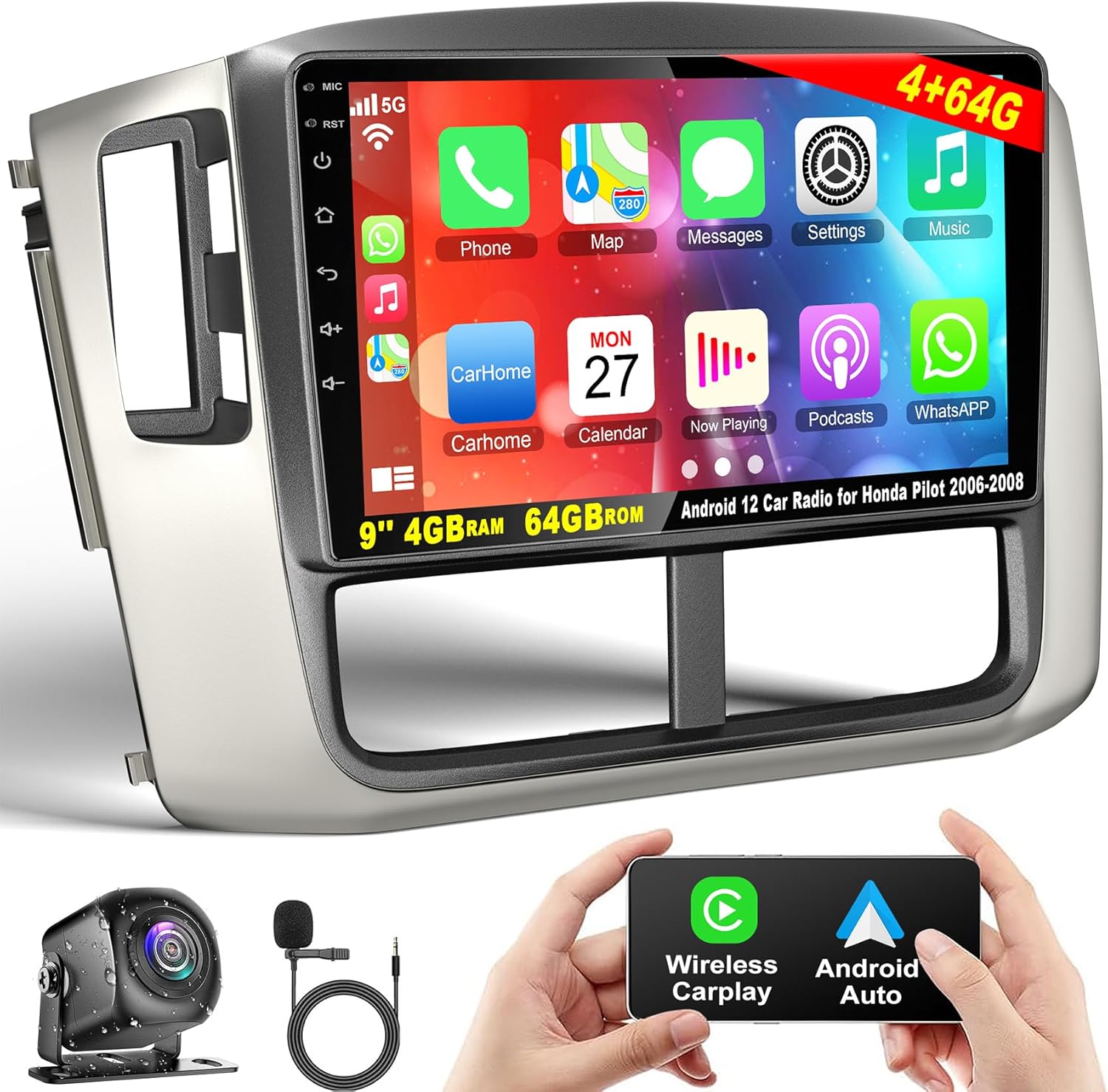 Android 13 Car Radio for Honda Pilot 2006-2008, Build in Wireless/Wire Carplay & Android Auto Support Bluetooth5.2, Back-up Camera,FM Stereo,SWC, 9 Inch IPS Touch Screen 4GB+64GB