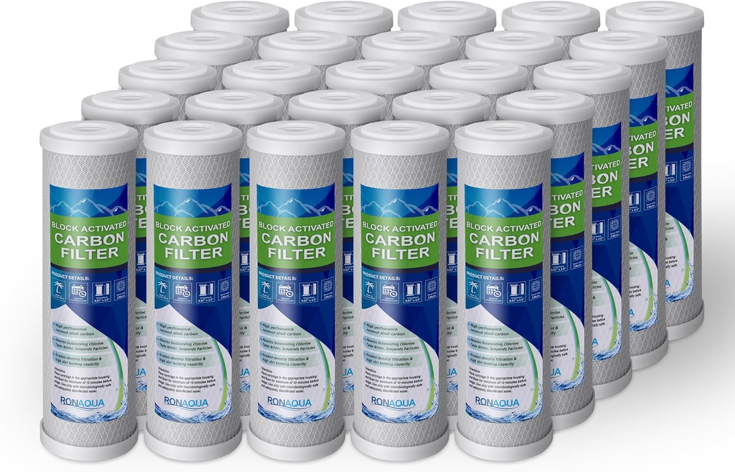 5MC-25PK 5 Micron 10-Inch carbon Block Water Filter Cartridge Coconut Shell Activated Carbon WELL-MATCHED with WFPFC8002, WFPFC9001, WHCF-WHWC, WHEF-WHWC, FXWTC, SCWH-5, 25-Pack