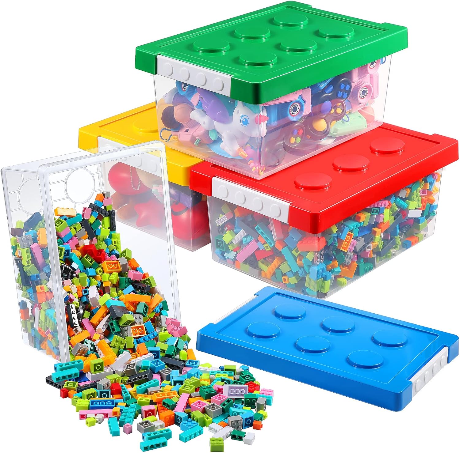 Vicenpal 4 Pack Building Toy Storage Containers with Lids Brick Shaped Kids Toy Organizers Boxes Plastic Clear Stackable Toy Bins for Building Block Dolls(Red, Yellow, Blue, Green, Large)