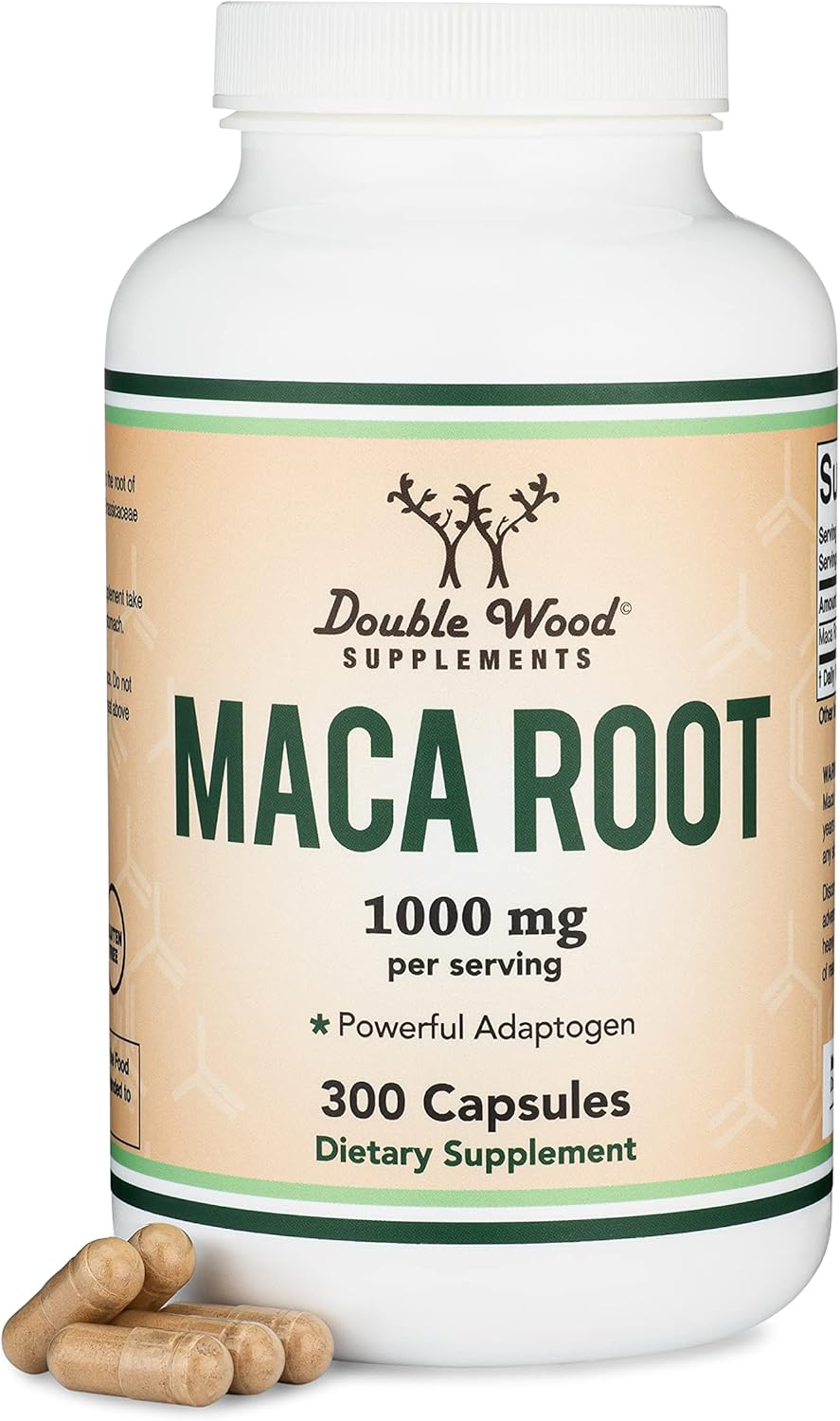 Maca Root Capsules for Women and Men, 300 Count (1,000mg of Black, Red, Yellow Maca Powder per Serving) Grown in Peru (for Energy, Performance, Motivation) by Double Wood