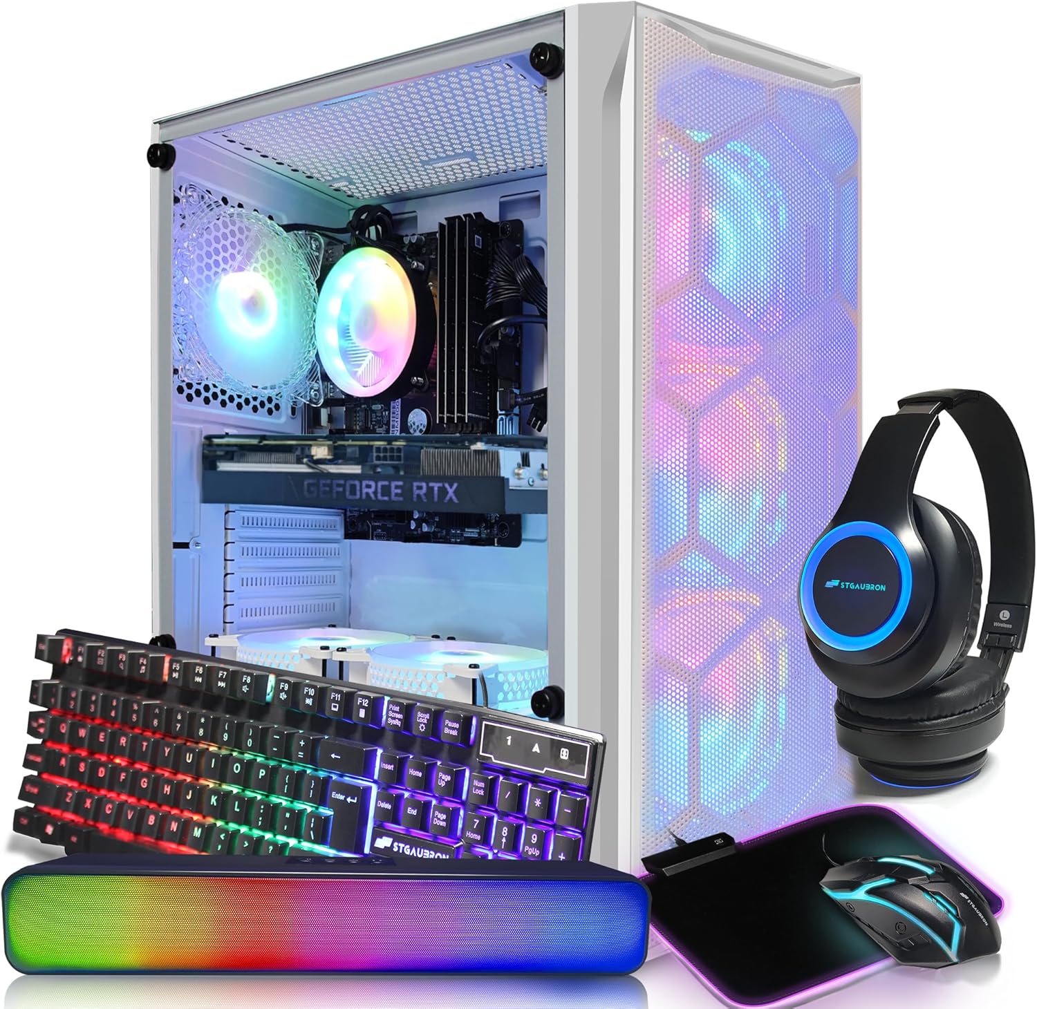 STGAubron Gaming PC Computer Desktop, GeForce RTX 3060 Ti 8G,Intel Core i7-6700 up to 4.0G, 32G DDR4,2T SSD,600M WiFi,BT5.0,RGB Fanx7,RGB Mouse Pad,RGB BT Sound Bar&Gaming Mic,Windows 10 Home,White