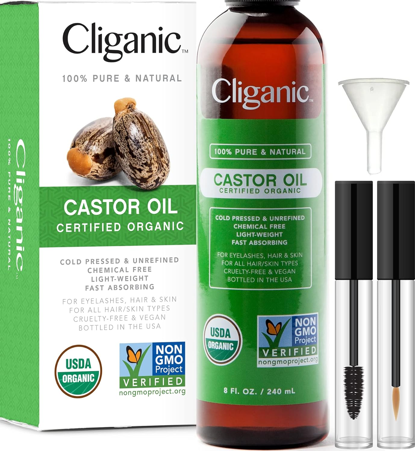 Cliganic USDA Organic Castor Oil, 100% Pure (8oz with Eyelash Kit) – For Eyelashes, Eyebrows, Hair & Skin | Natural Cold Pressed Unrefined Hexane-Free