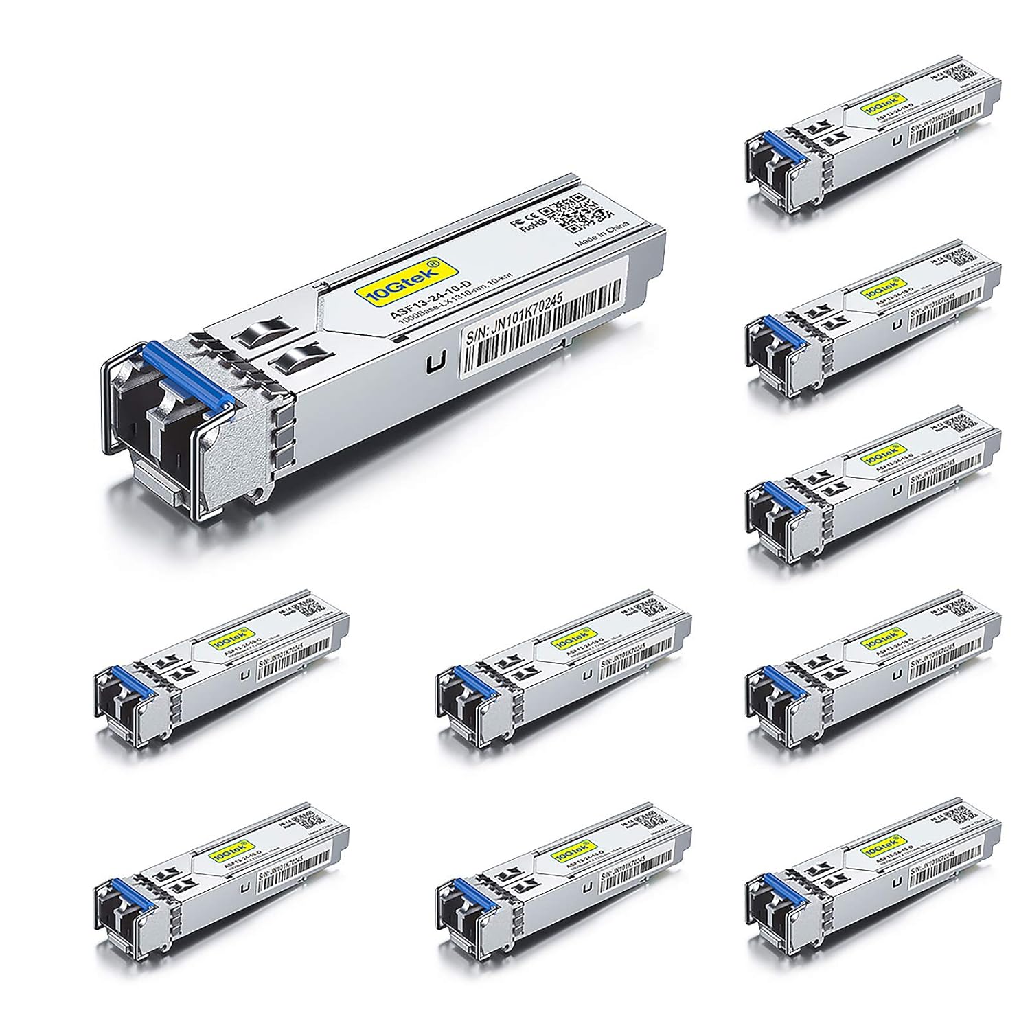 10Gtek 1.25G SFP 1000Base-LX Transceiver, 1310nm SMF Fiber Optic Module, up to 10 km, for Cisco GLC-LH-SMD/GLC-LH-SM/SFP-GE-L, Meraki MA-SFP-1GB-LX10, Ubiquiti UniFi UF-SM-1G, Fortinet, Pack of 10