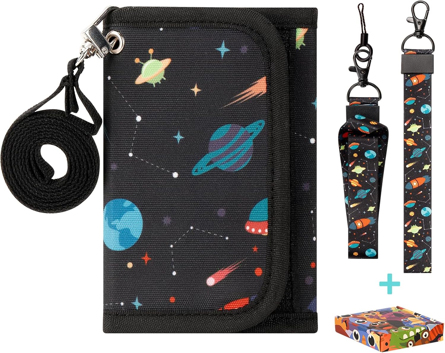 Choco Mocha Kids Wallets for Boys 3-5 6-8 Space Wallet with Zippered Coin Pocket Card Holders with Lanyard Gift Box, Black