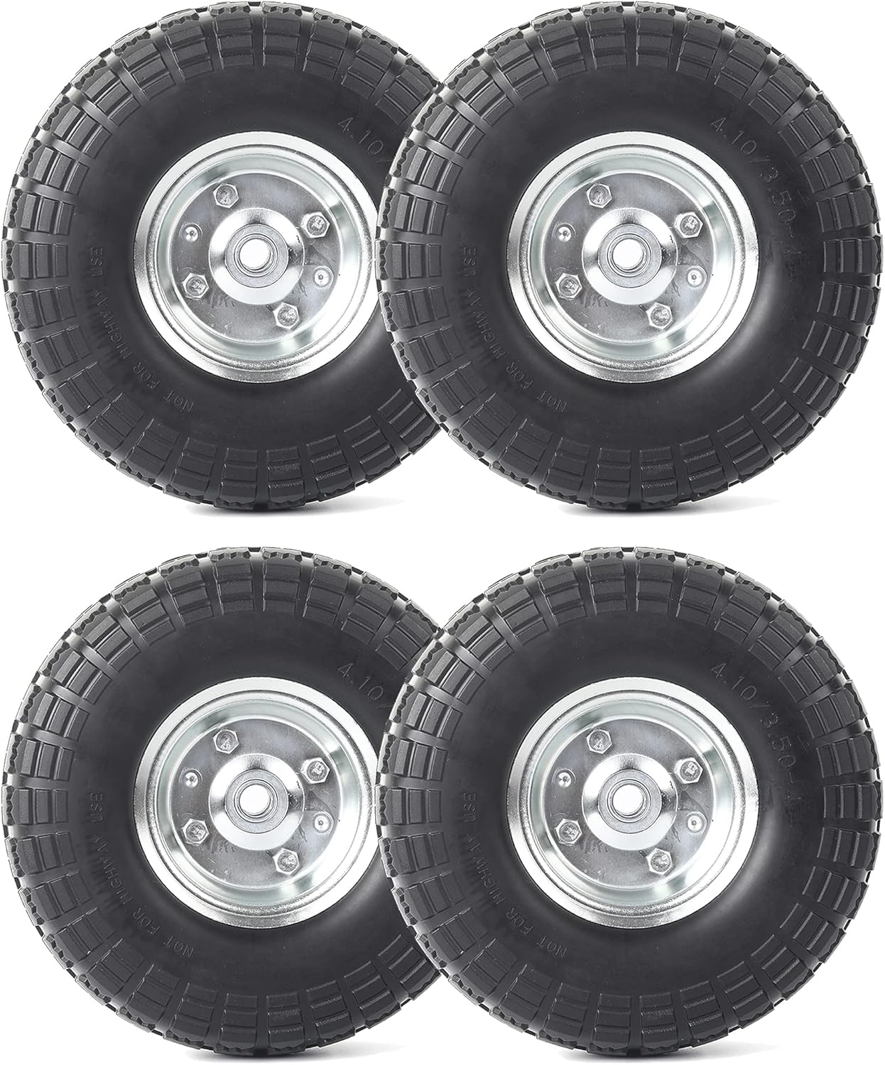 AR-PRO (4-Pack) 10-Inch Solid Rubber Tire Wheels – Replacement 4.10/3.50-4″ Flat Free Tire with 5/8″ Bearings, 2.2″ Offset Hub – Perfect for Lawn Garden Cart, Hand Truck, Wheelbarrow, Utility Cart