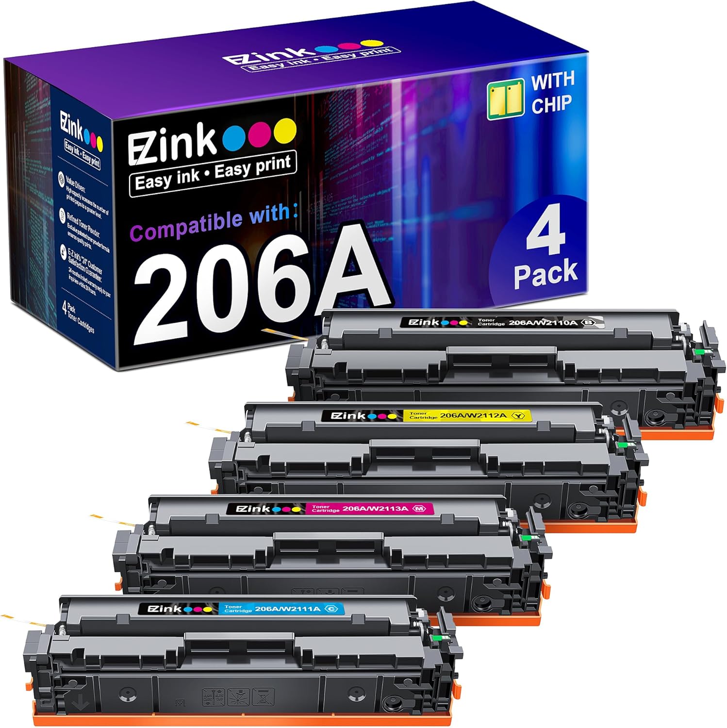 E-Z Ink Compatible Replacement for HP 206A Toner Cartridges 4 Pack Compatible with HP Color Laserjet Pro MFP-M283fdw M283cdw for HP MFP M283fdw Toner Cartridges (BCMY 4 Pack 206X 206A Toner)