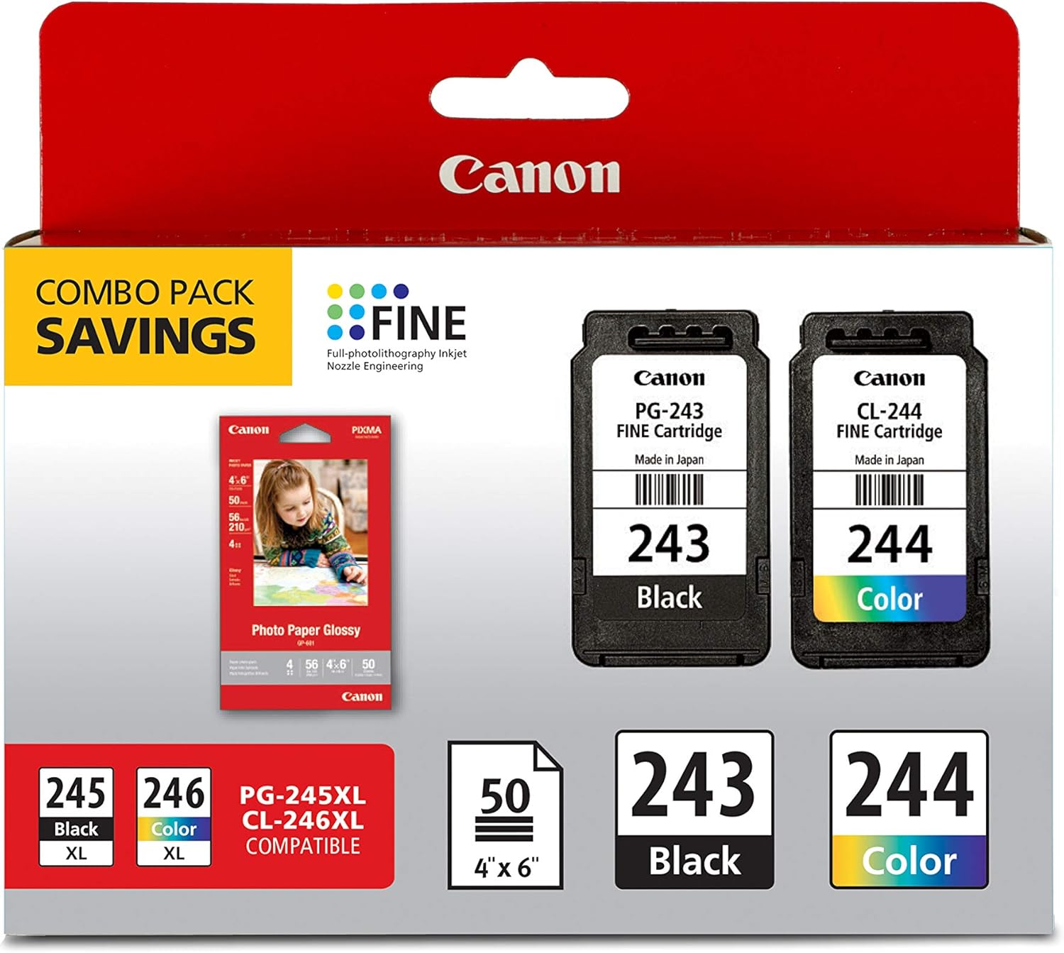 Canon PG-243/CL244 4×6 Paper Combo Pack Compatible to iP2820, MX492, MX492, MG2420, MG2520, MG2920, MG2922, MG2924, MG2920, MG3020, MG2525, TS3120, TS302, TS202, TR4520