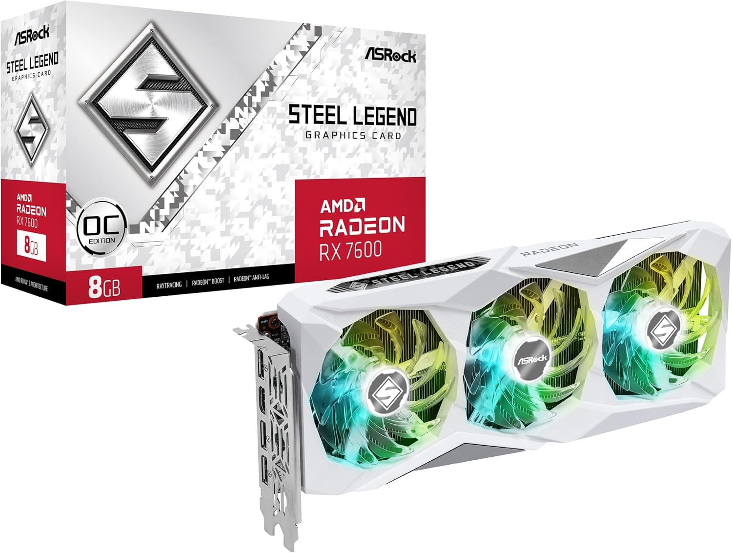 ASRock AMD Radeon RX 7600 Steel Legend 8GB OC GDDR6 128-bit 0dB Silent Cooling Graphics Card DisplayPort 7680 x 4320 HDMI 18 Gbps 3 Fans PCI Express 4