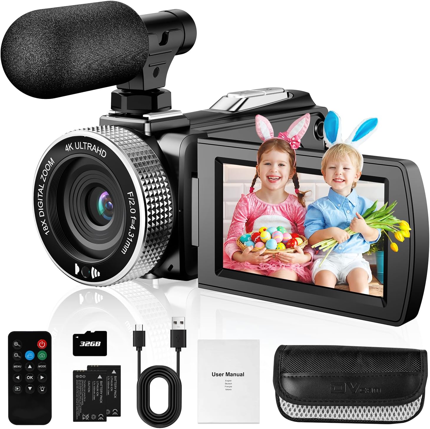 4K Video Camera Camcorder, 4K 60fps Video 48MP Photo, Digital Camcorder Beginner with External Microphone 2 Batteries SD Card Remote