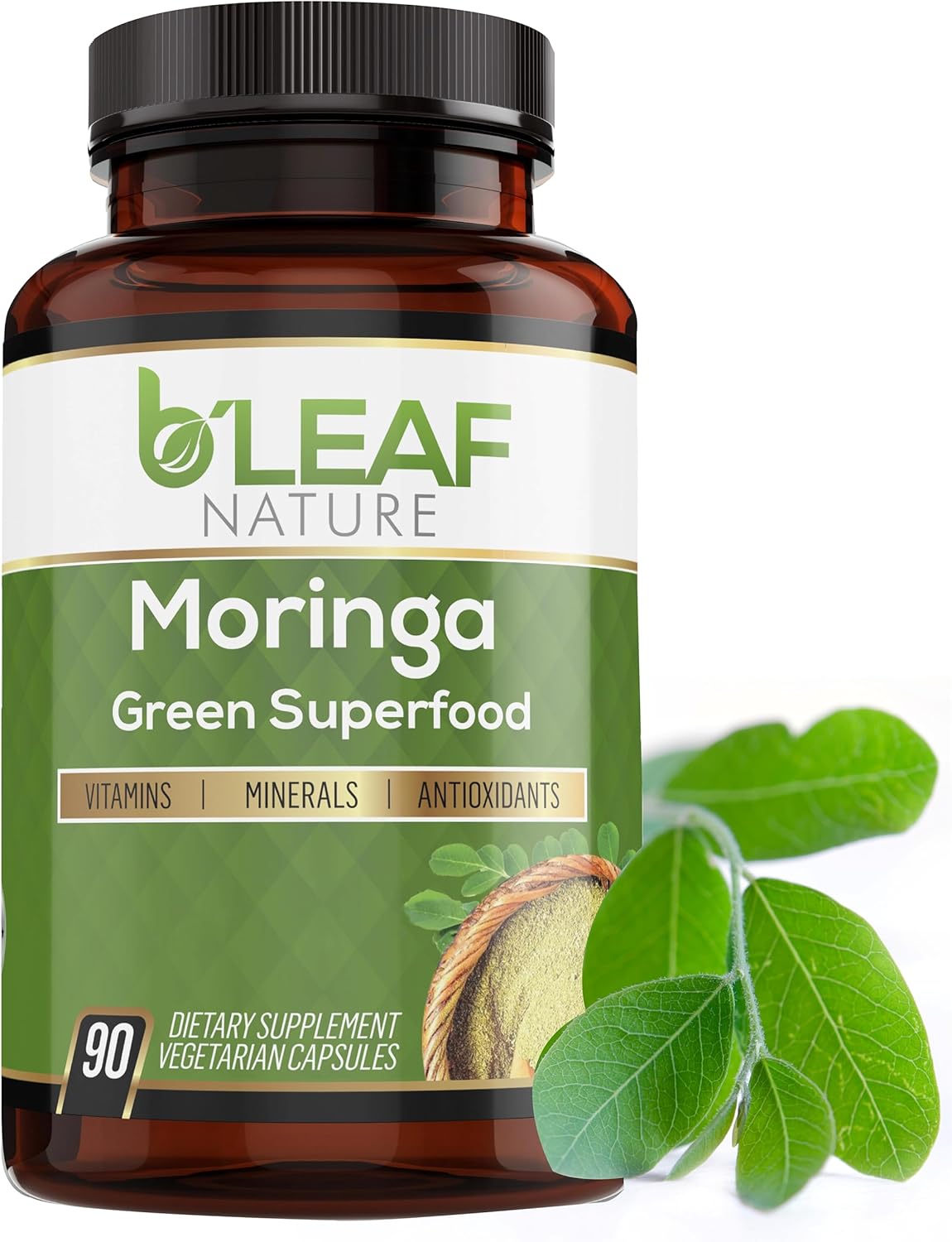 B’Leaf Nature Pure Organic Moringa Oleifera Leaf Powder Capsules 1000mg – Immune System & Energy Booster – Vegetarian Supplement for Healthy Living – 90 Capsules