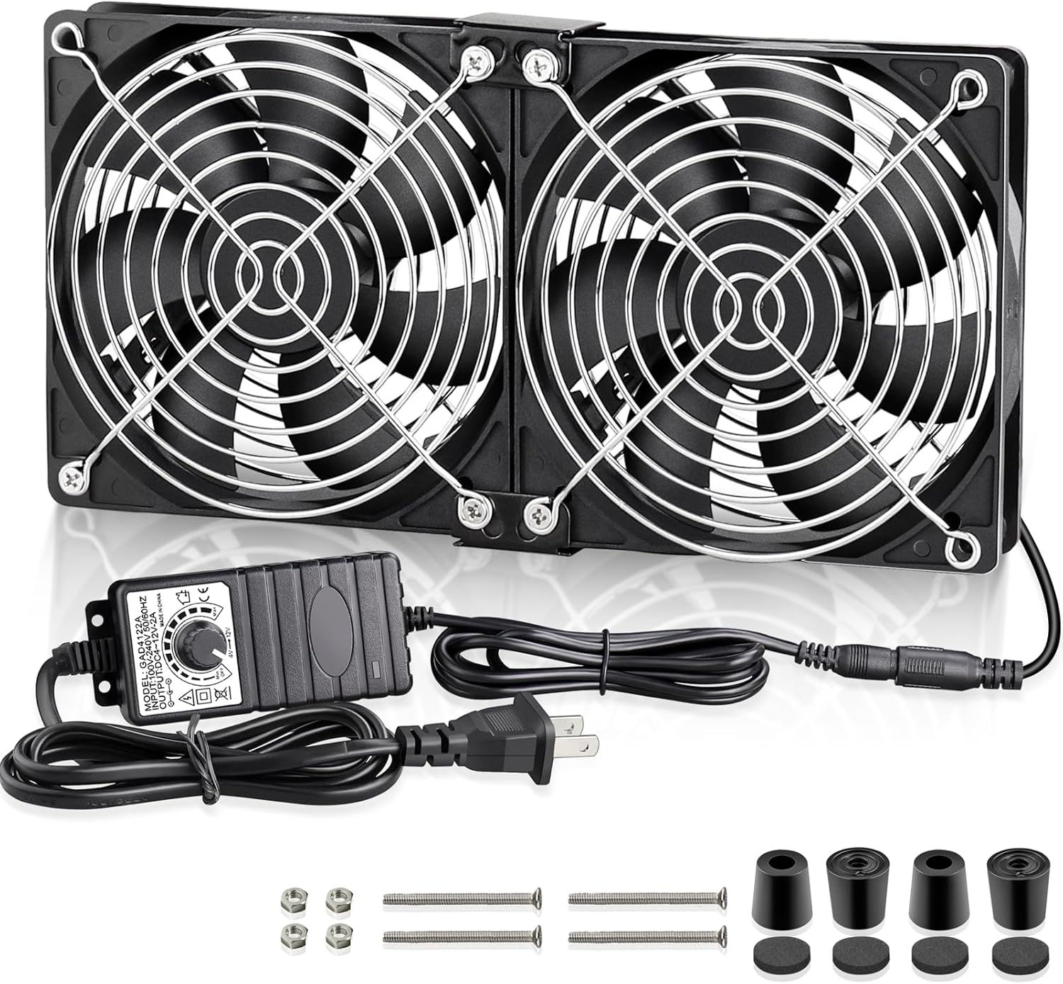 GDSTIME Big Airflow Dual 120mm Fans DC 12V Powered Fan with AC 110V – 240V Speed Control, Cabinet Chassis Cooling Fan, Server Workstation Cooling Fan