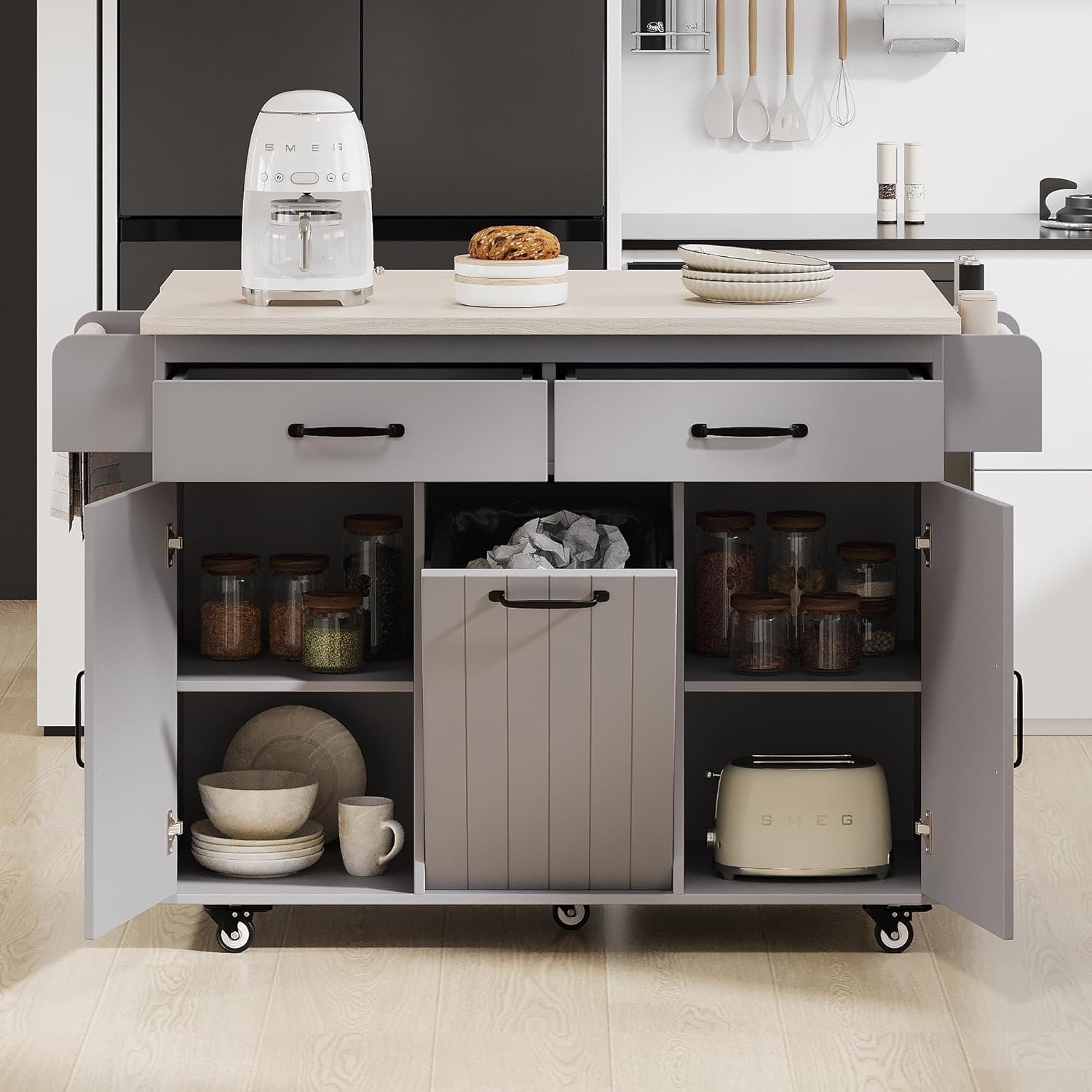 Kitchen Island with Trash Can Storage Cabinet, Kitchen Cart with Drop Leaf, Spice Rack, Towel Rack and Drawer, Rolling Kitchen Island on Wheels with Adjustable Shelf (Grey)