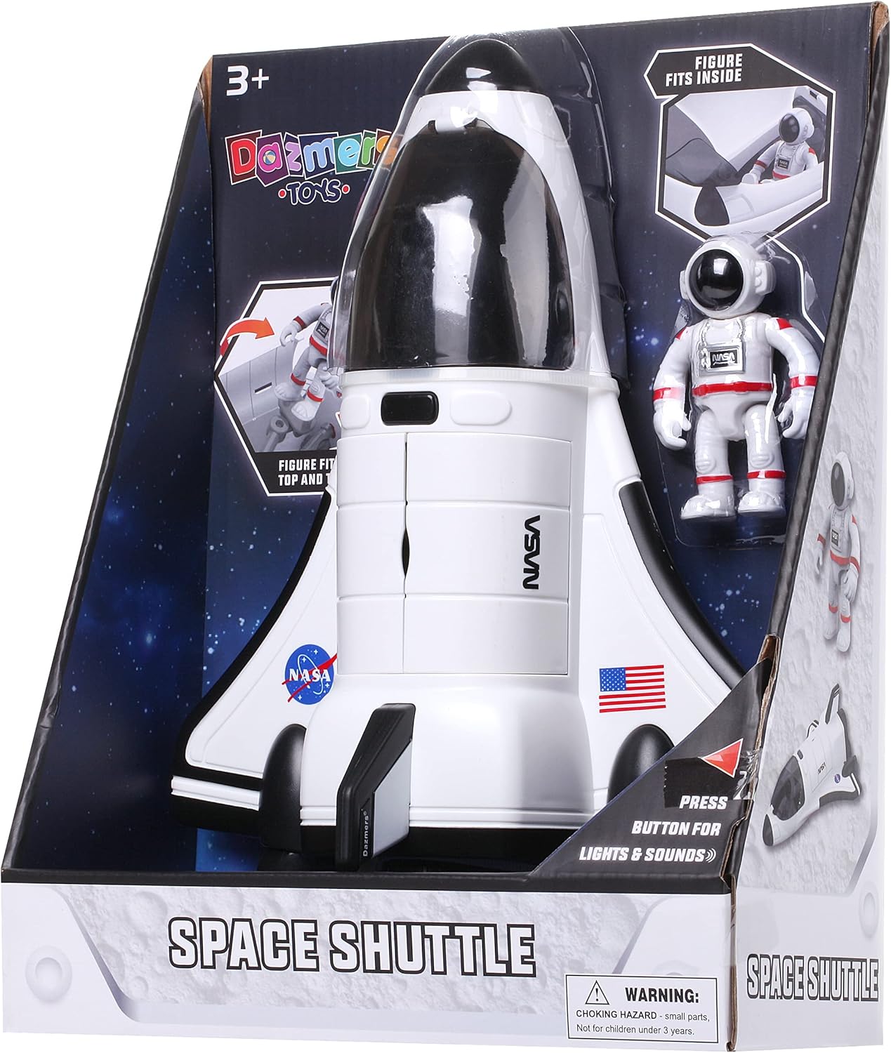 Dazmers Spaceship Shuttle Toy with Astronaut Figure – Light-Up Rocket Ship with Blast-Off Sound Effects – Space Exploration Play and Interactive Space Toys for Kids 5-8 Years Old – 10x8x4 Inches