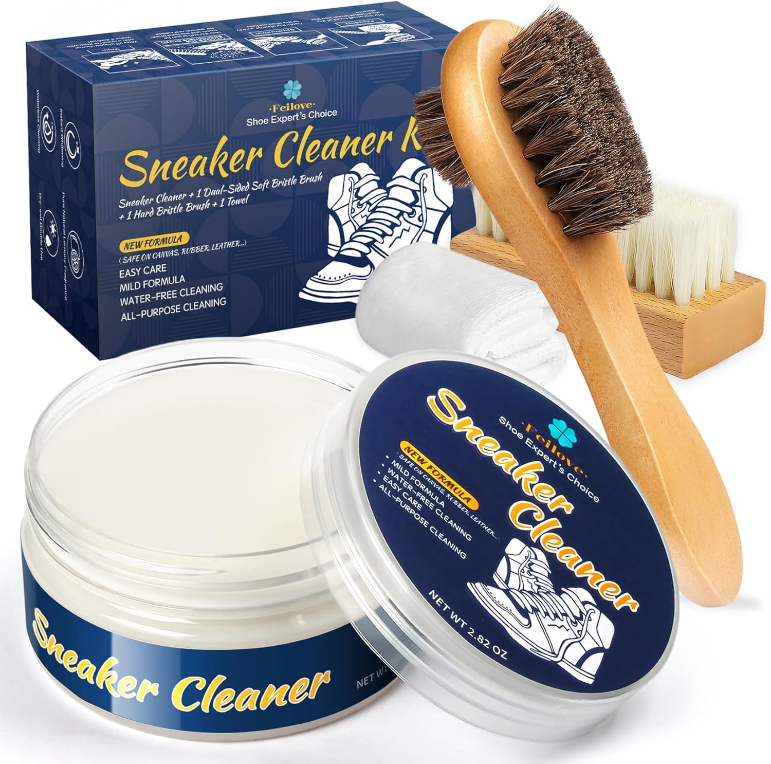 4-in-1 Sneaker Cleaner Kit – Instant Water-Free Sneaker Cleaner for Shoes, Includes 2 Brushes & Towel, Ideal for Rubber, Leather, Plastic, Fabric & Mesh