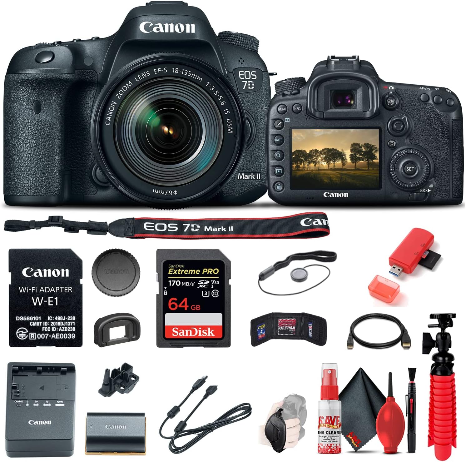 Canon EOS 7D Mark II DSLR Camera with 18-135mm f/3.5-5.6 is USM Lens & W-E1 Wi-Fi Adapter (9128B135) + 64GB Memory Card + Case + Card Reader + Flex Tripod + Hand Strap + More (Renewed)