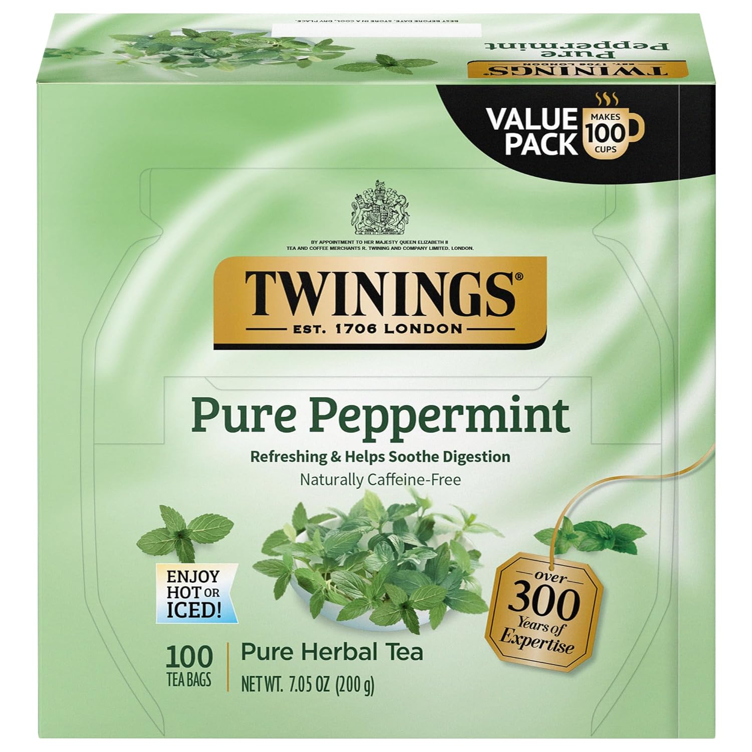 Twinings Pure Peppermint Herbal Tea Individually Wrapped Bags, 100 Count (Pack of 1), Fresh Minty Flavour, Naturally Caffeine-Free, Enjoy Hot or Iced | Packaging May Vary