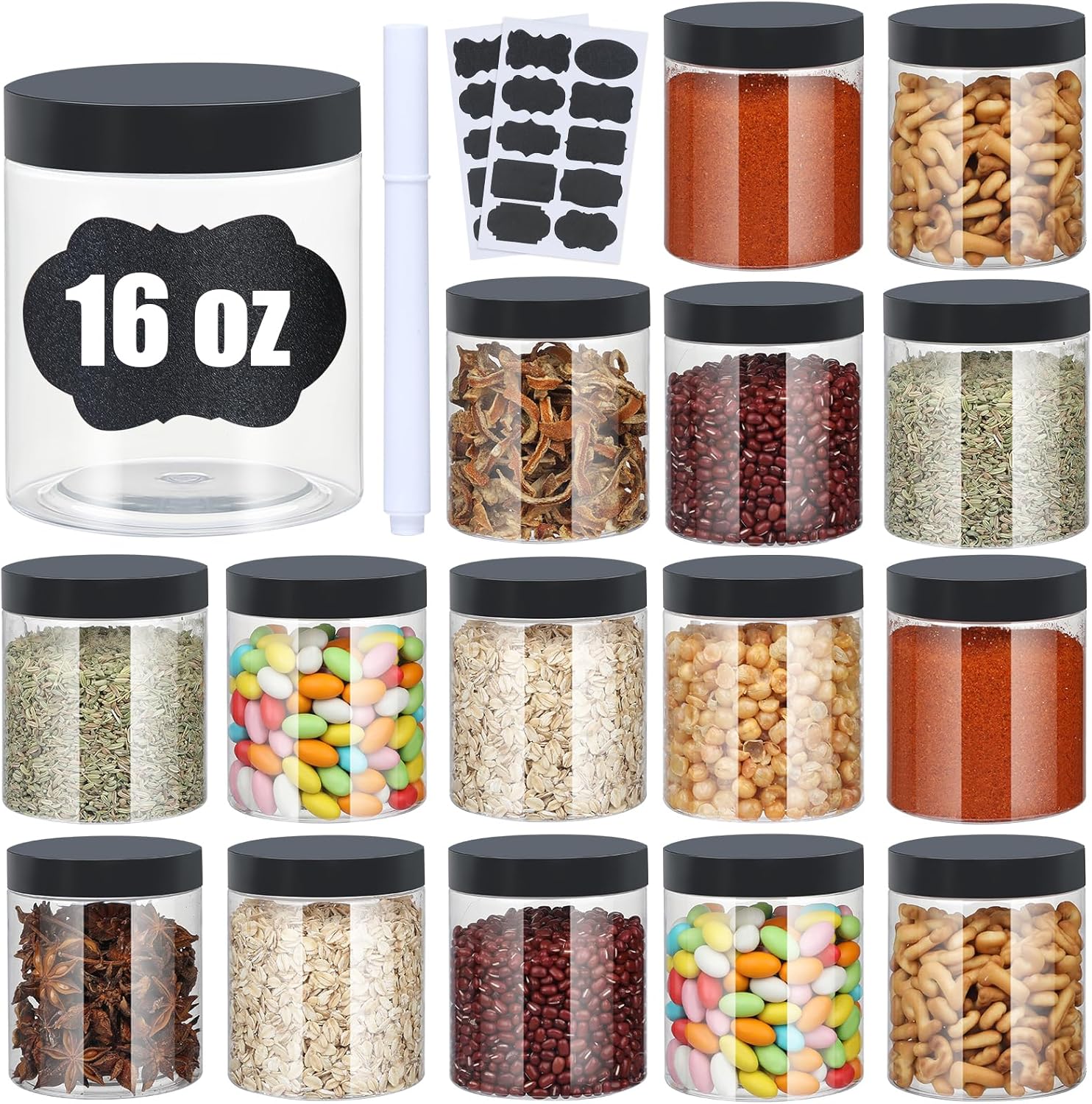 Plastic Jars with Lids, 16 oz Plastic Containers with Lids Clear Airtight Container Storage Jar Mason Jars for Dry Food Peanut Butter Honey Jam Cosmetics, Pack of 16 (16 PCS Black Lids)