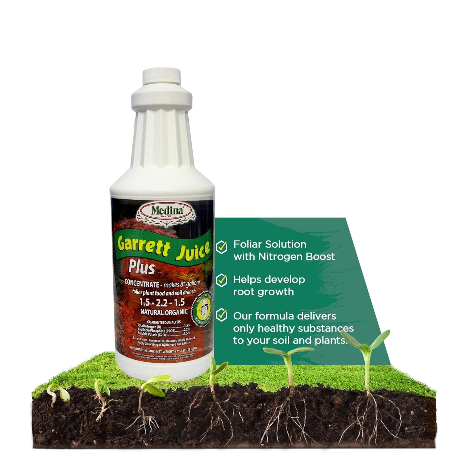 Medina Garrett Juice Plus -Liquid Plant Food & Fertilizer for Houseplants, Lawn, & Garden | Foliar Solution & Growth Enhancer, Ideal for Potted & Patio Plants | Nitrogen-Rich Liquid Fertilizer – 1 Qt.