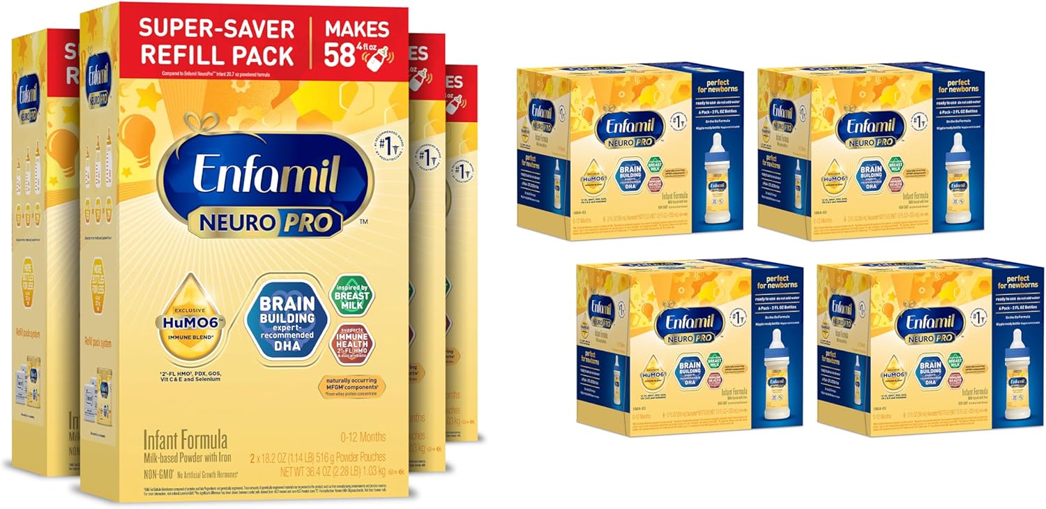 Enfamil NeuroPro Baby Formula, MFGM* 5-Year Benefit, Omega-3 DHA, Infant Formula Powder, 36.4 Oz (Pack of 4) + Ready-to-Feed Formula, Liquid, 2 Fl Oz, 6 Count (Pack of 4)